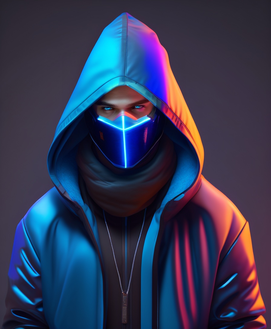 Lexica - Male character in hood, neon blue, mask, dark