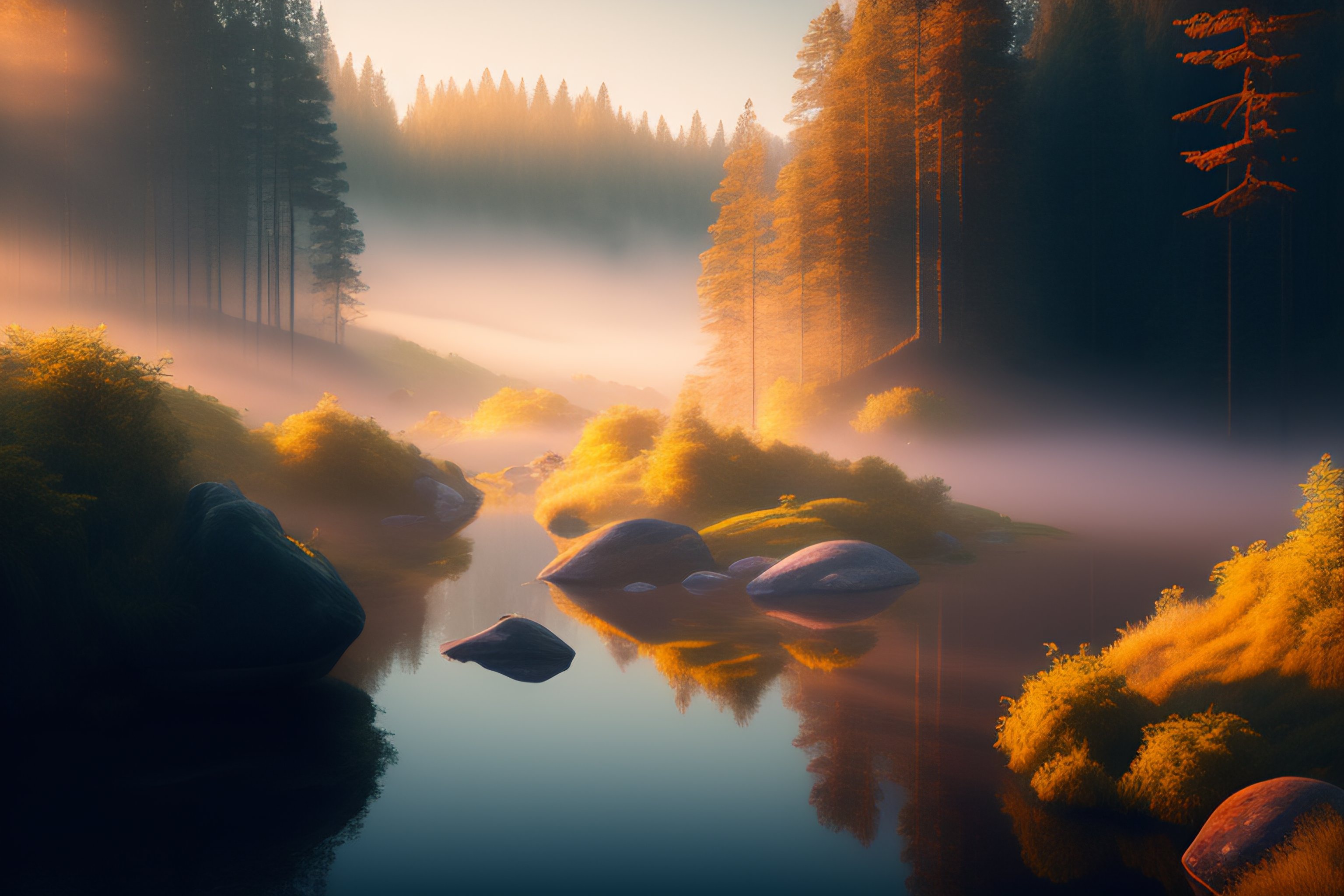 Lexica - Photograph of a landscape, forest with river winding through ...