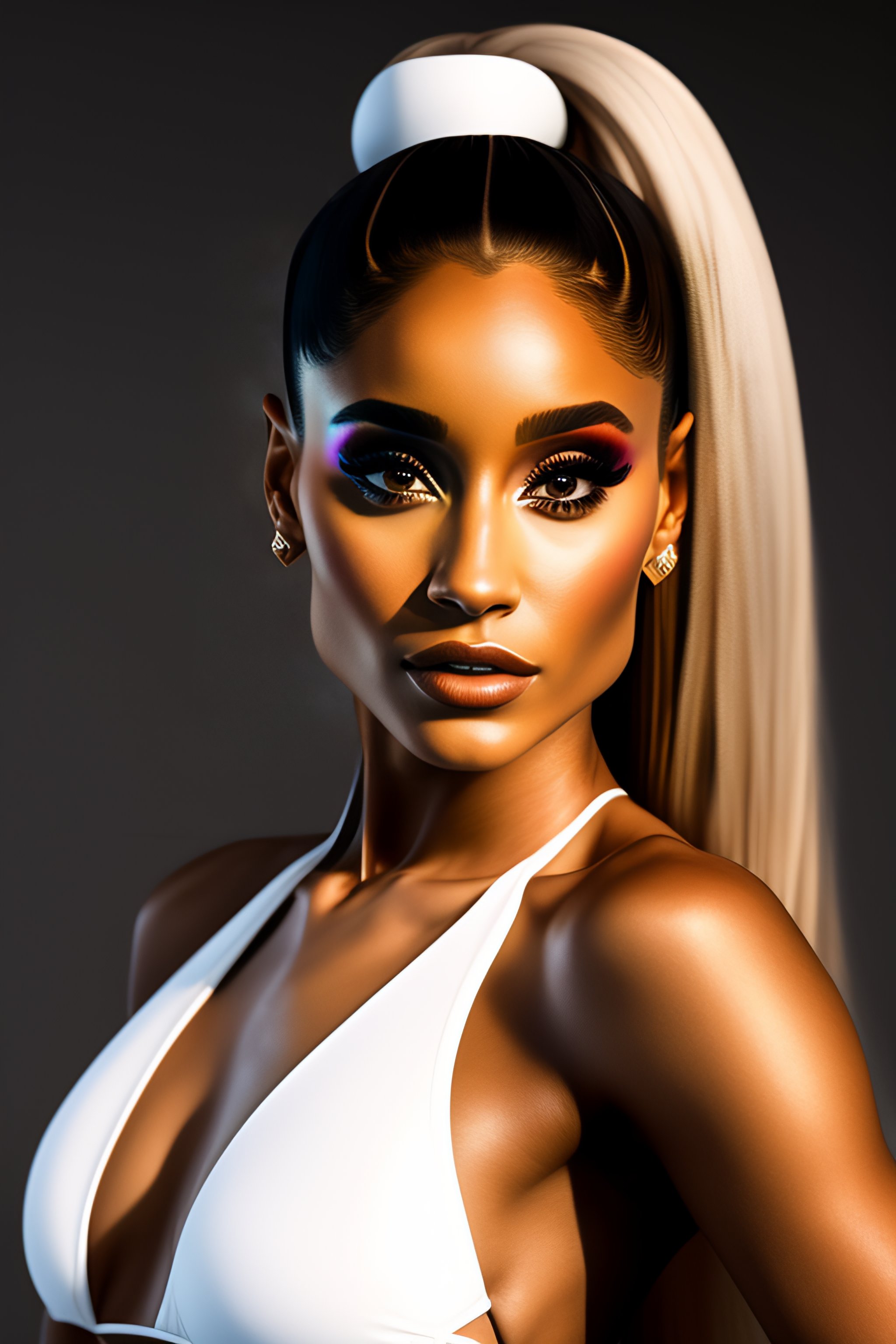 Lexica - A photorealistic image of Ariana Grande in poll studio setting, big  bobs with accurate lighting and shadow details, wearing a white bikini w...