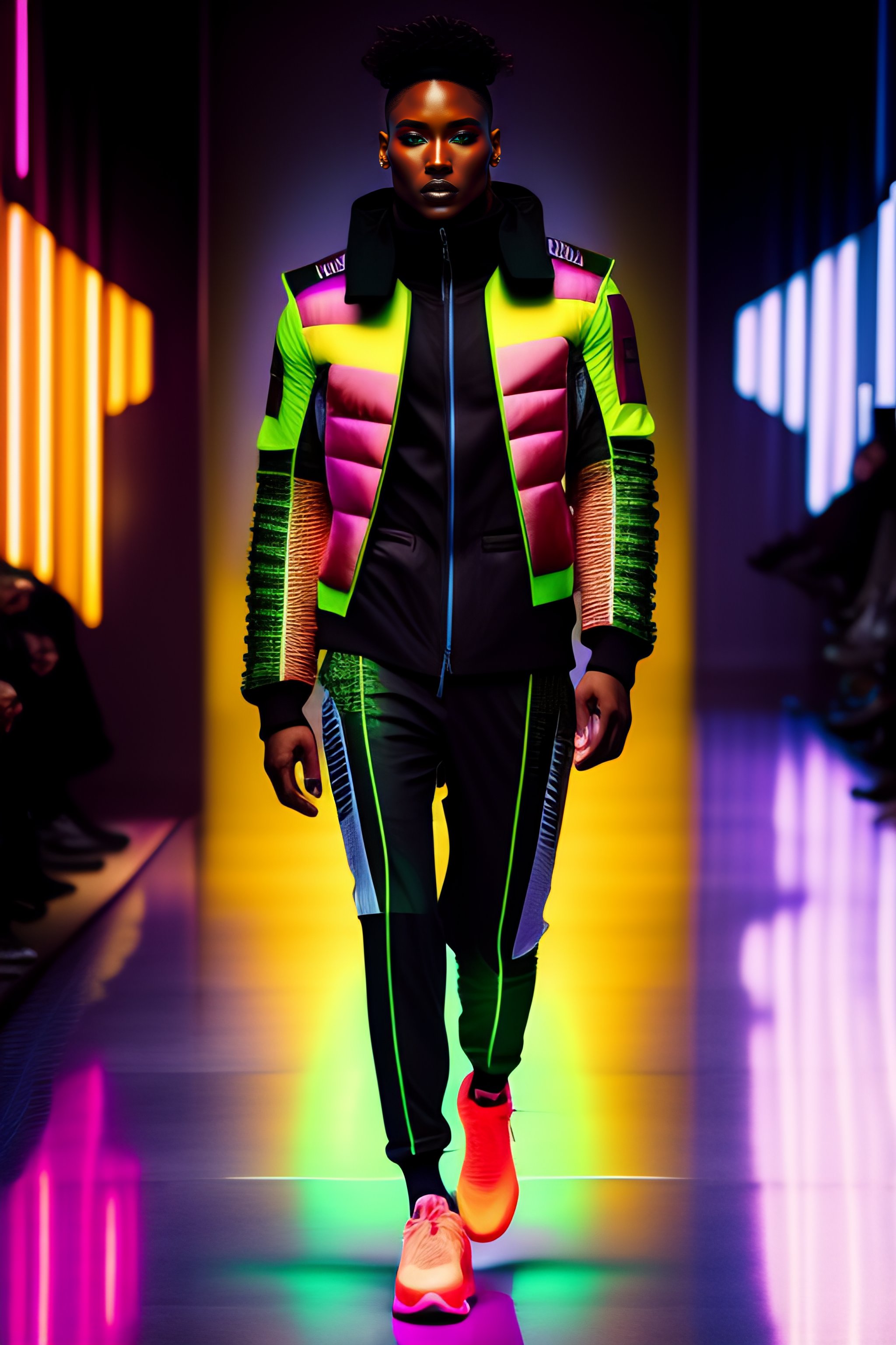 Lexica Streetwear model portrait wearing ((((FAIC logo)))) neon air