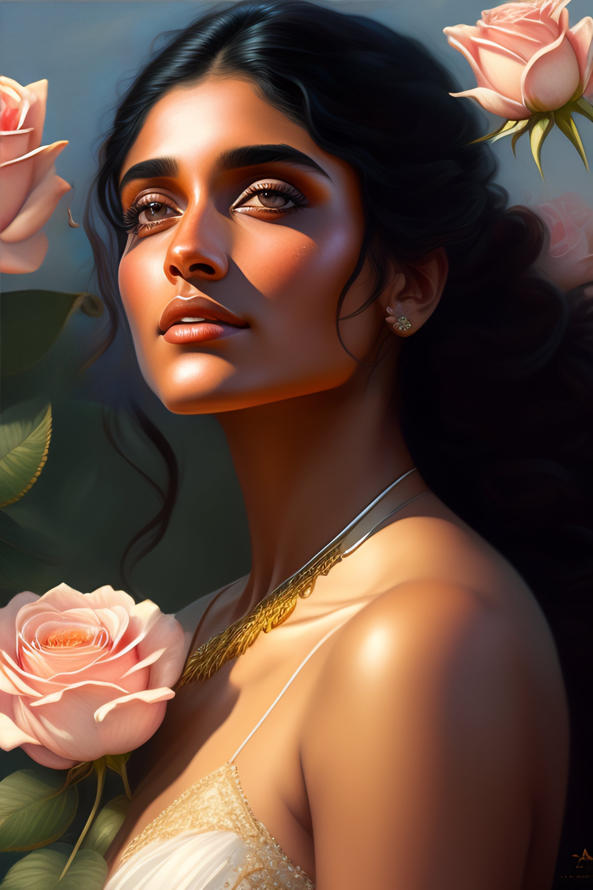 Lexica - Niveda thomas smelling a flower, roses everywhere, highly detailed,  silver bra with golden line design, digital painting, artstation, concep