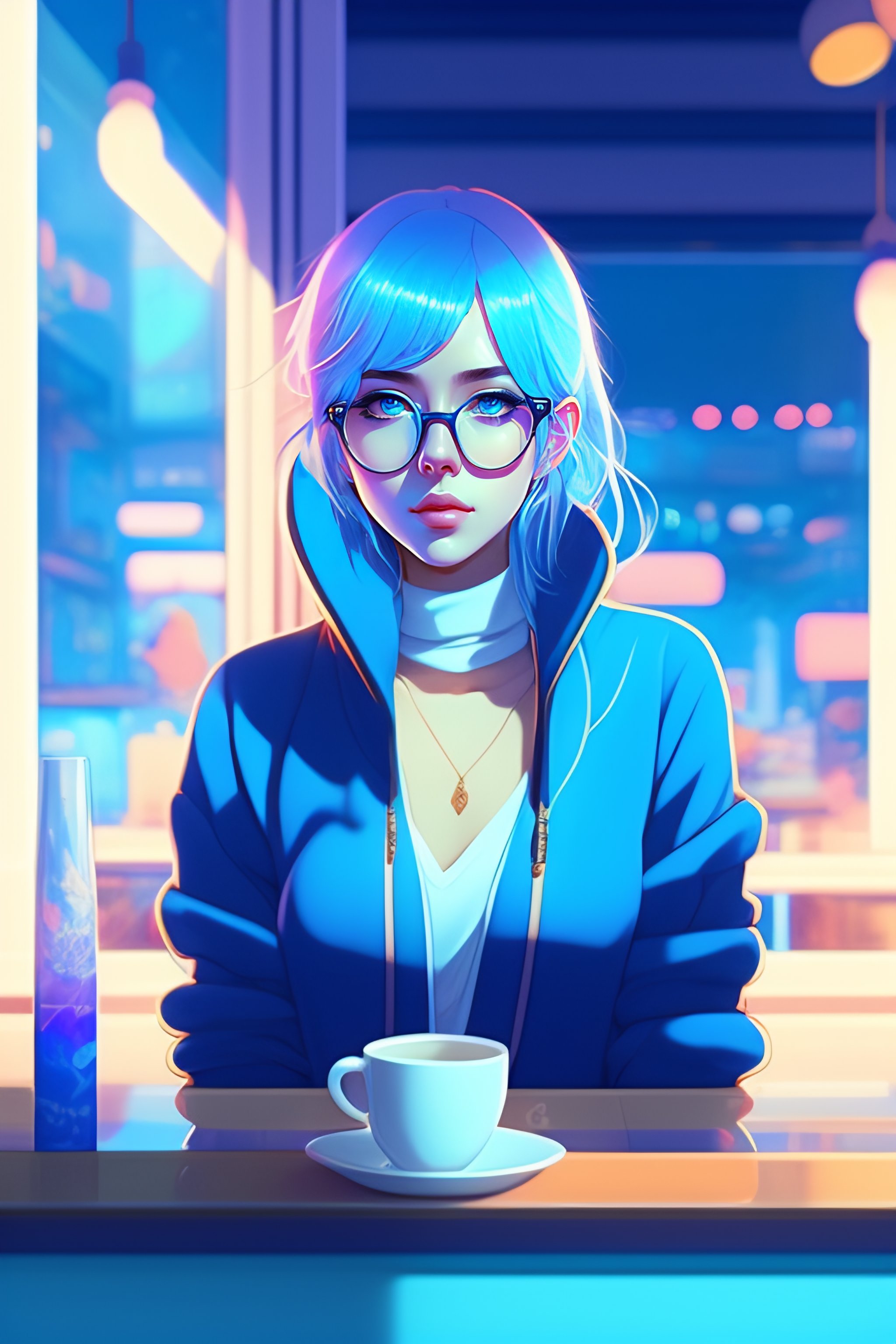 Lexica - Cute girl in blue sweater white hair black wayfarer glasses ...