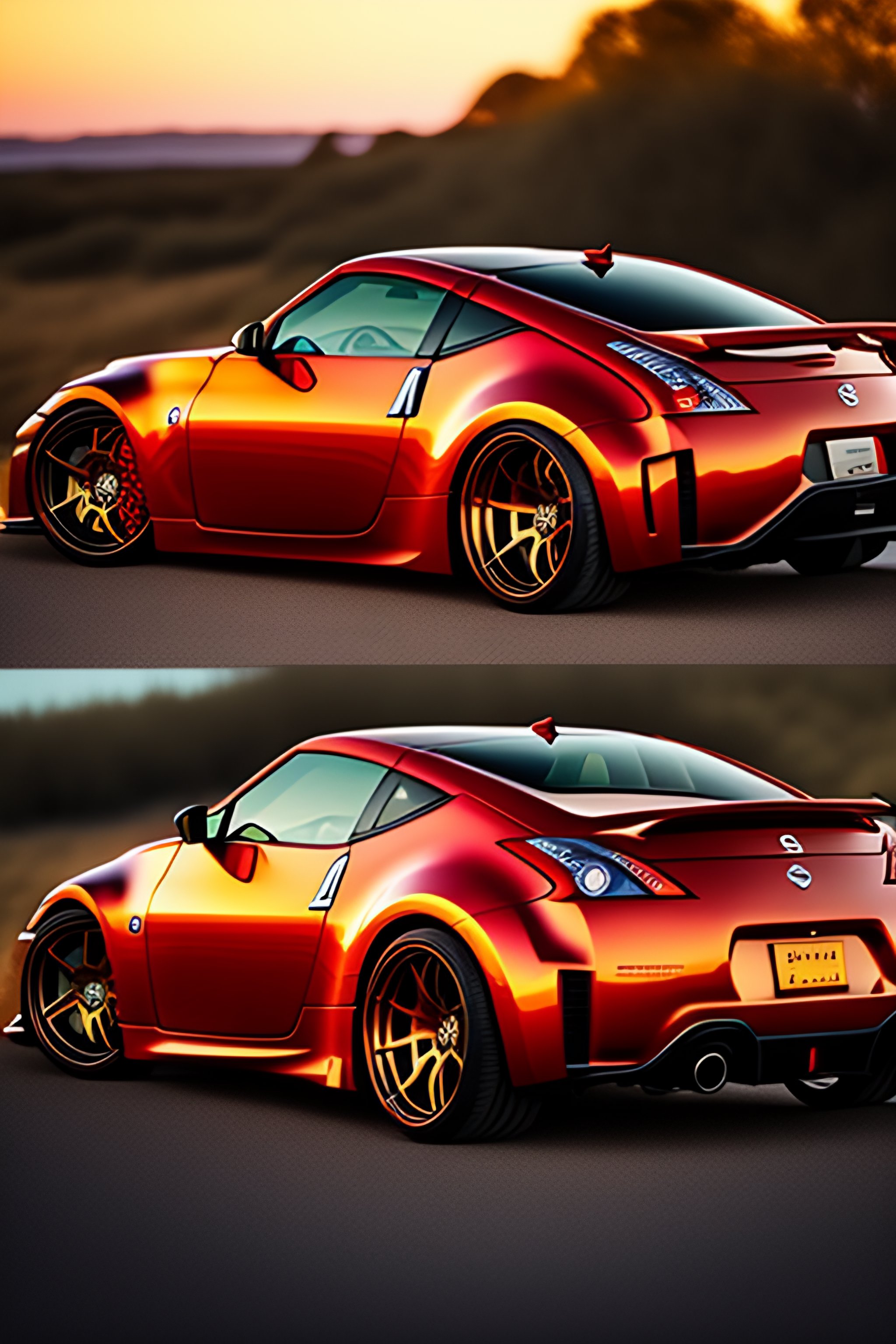 Lexica - Photo of red nissan 350z yellow wheels, highly detailed ...