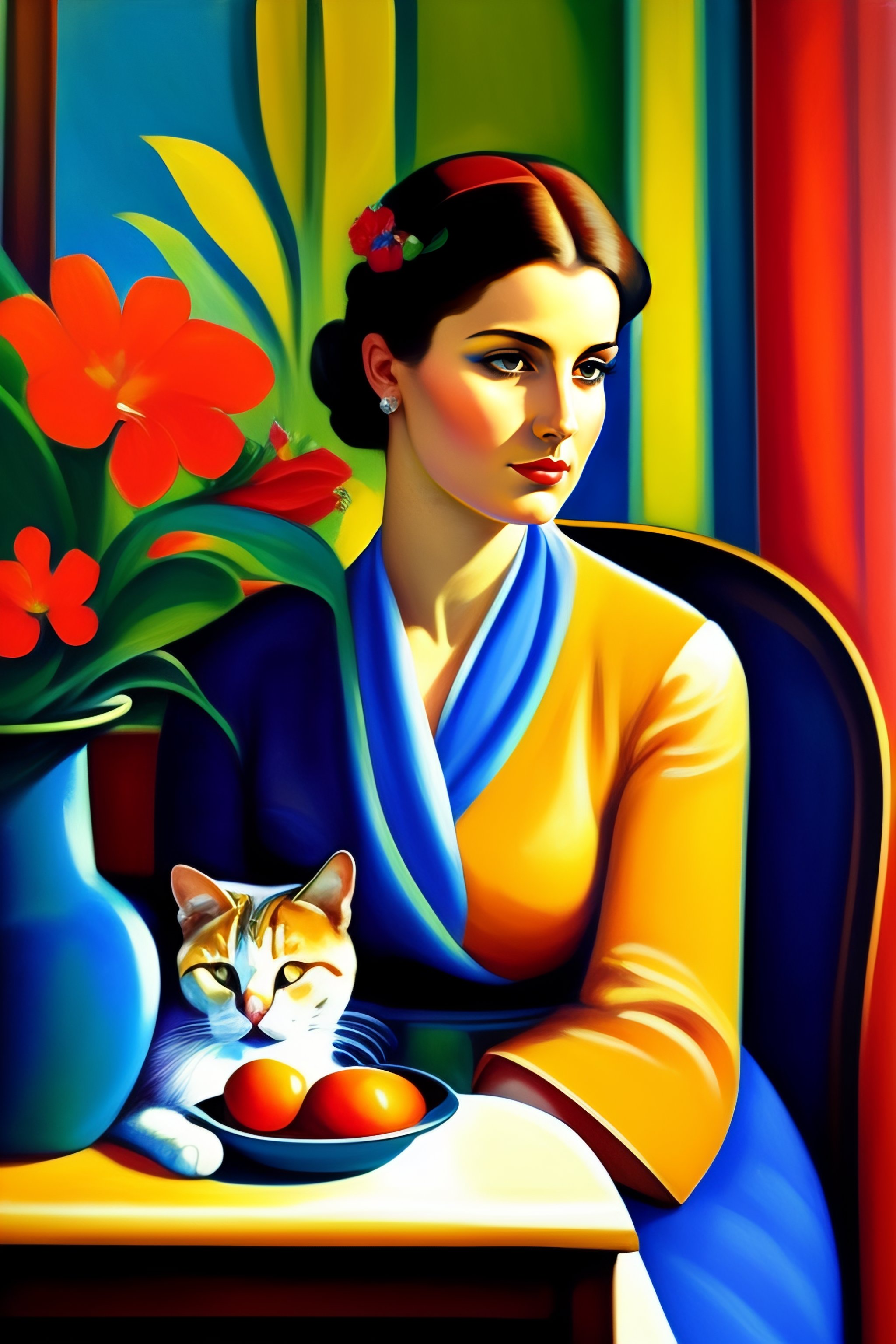 Lexica Woman un Style matisse with vase of flowers, cat
