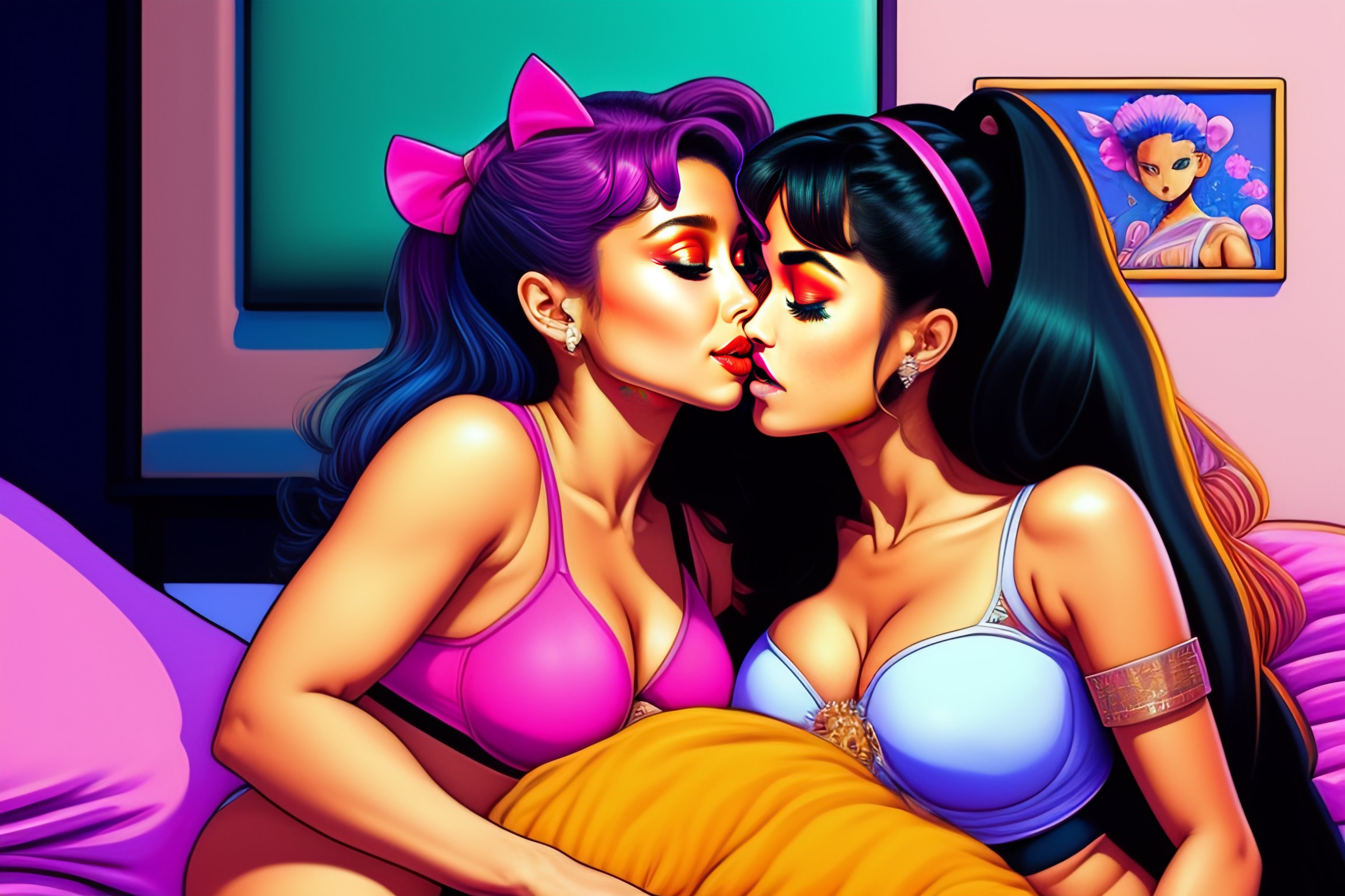 Lexica - Full body Ariana Grande kissing Selena Gomez with a cute  expression in a piece of micro pink under wear in a bedroom, hyper detailed  painti...