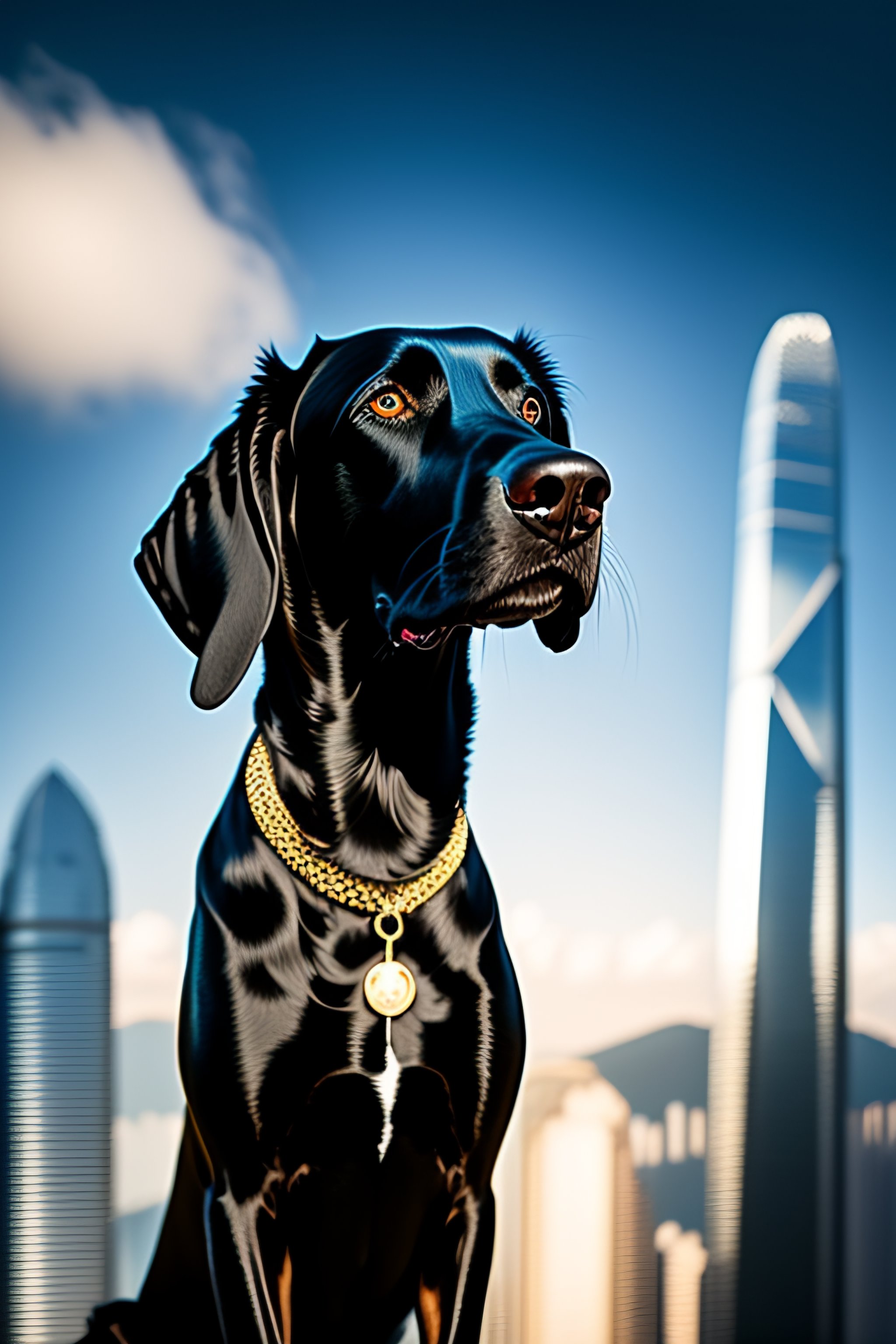 Lexica - Portrait of a cute black labradane standing on a skyscraper in ...