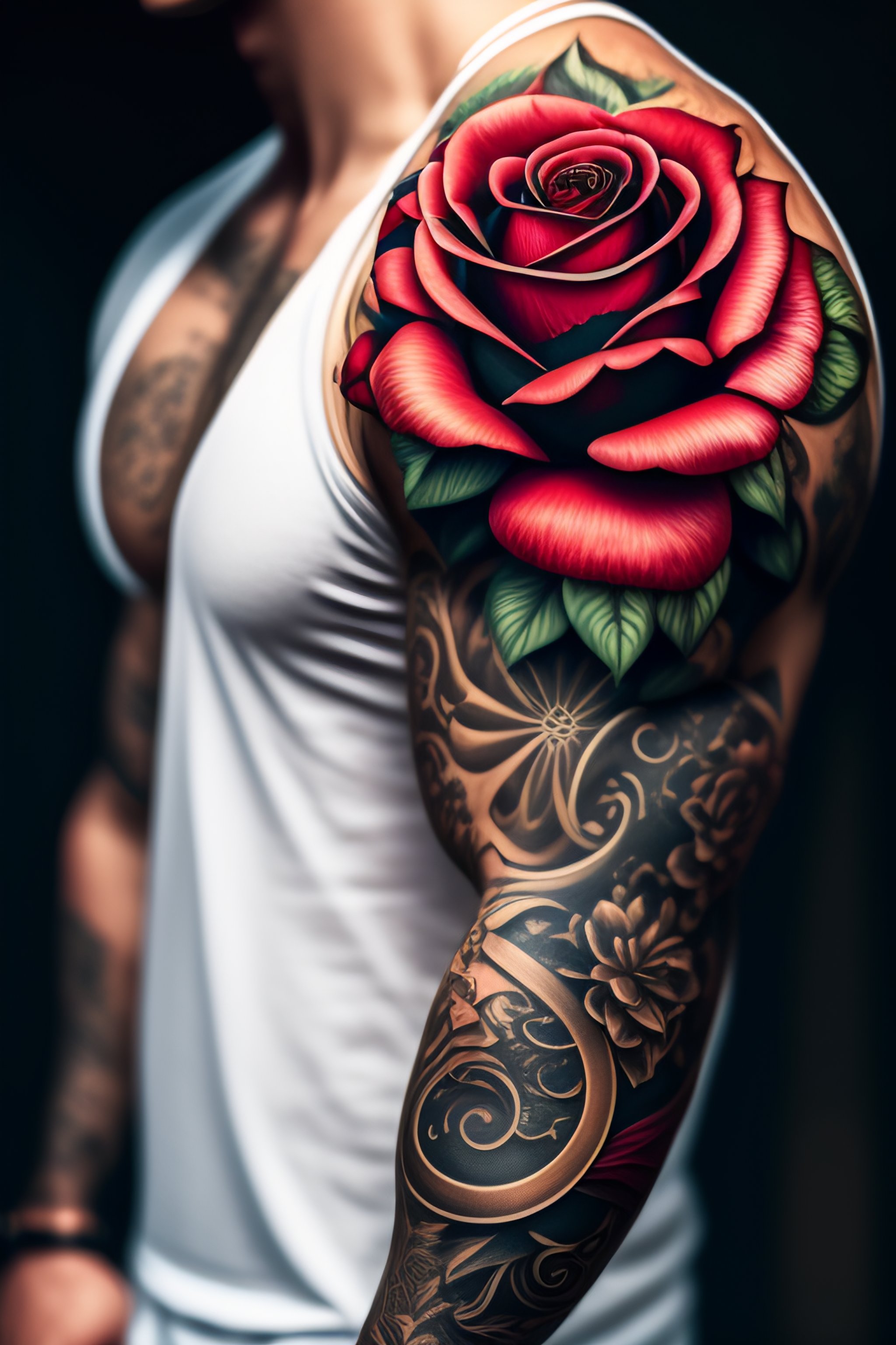 Lexica Man with a rose tattoo sleeve up his arm, hyper detailed