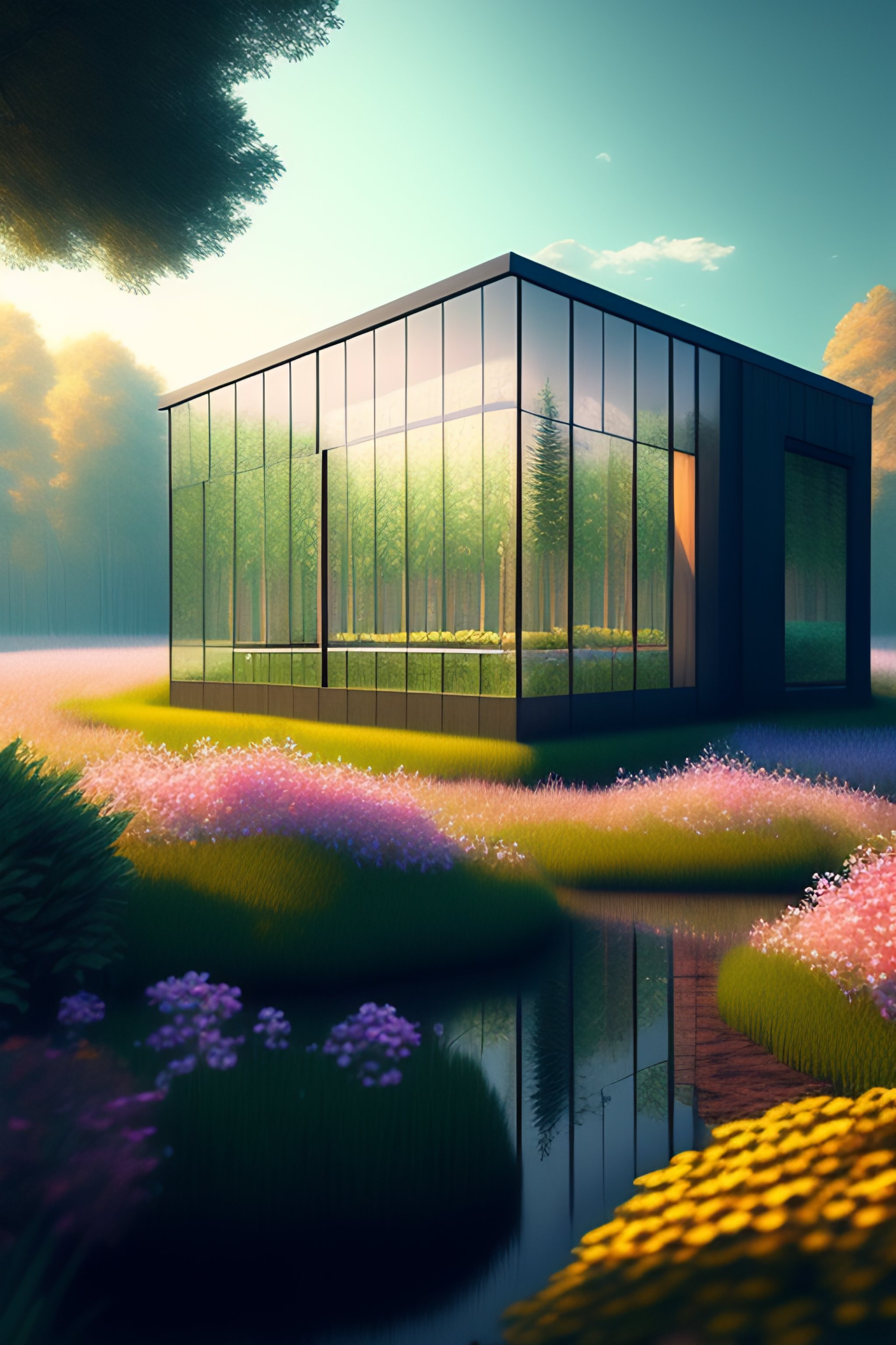 Lexica Glass House In The Middle Of The Forest Fields Of Flowers Grassyhighly Detailed 4087