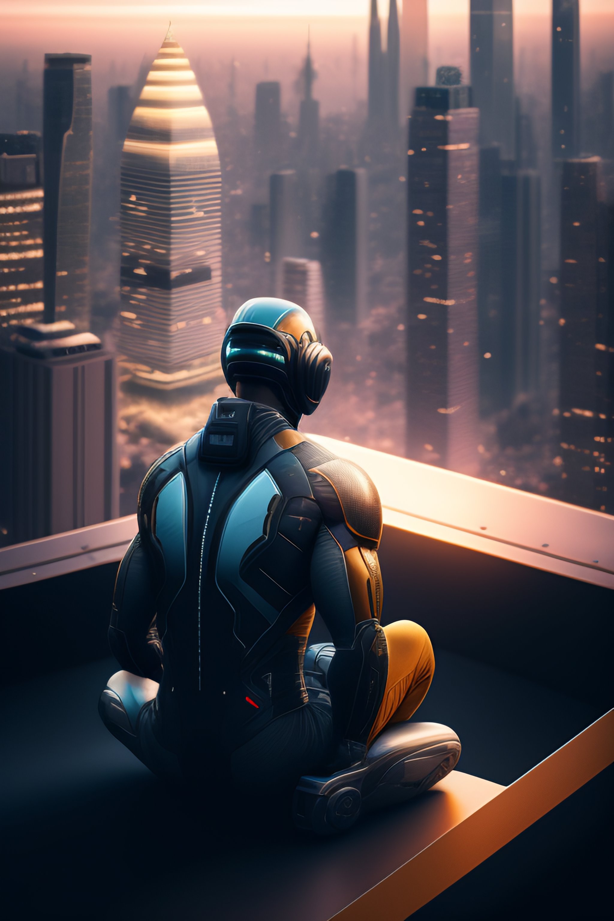 Lexica - Cyborg sitting on a roof looking down at a city below ...