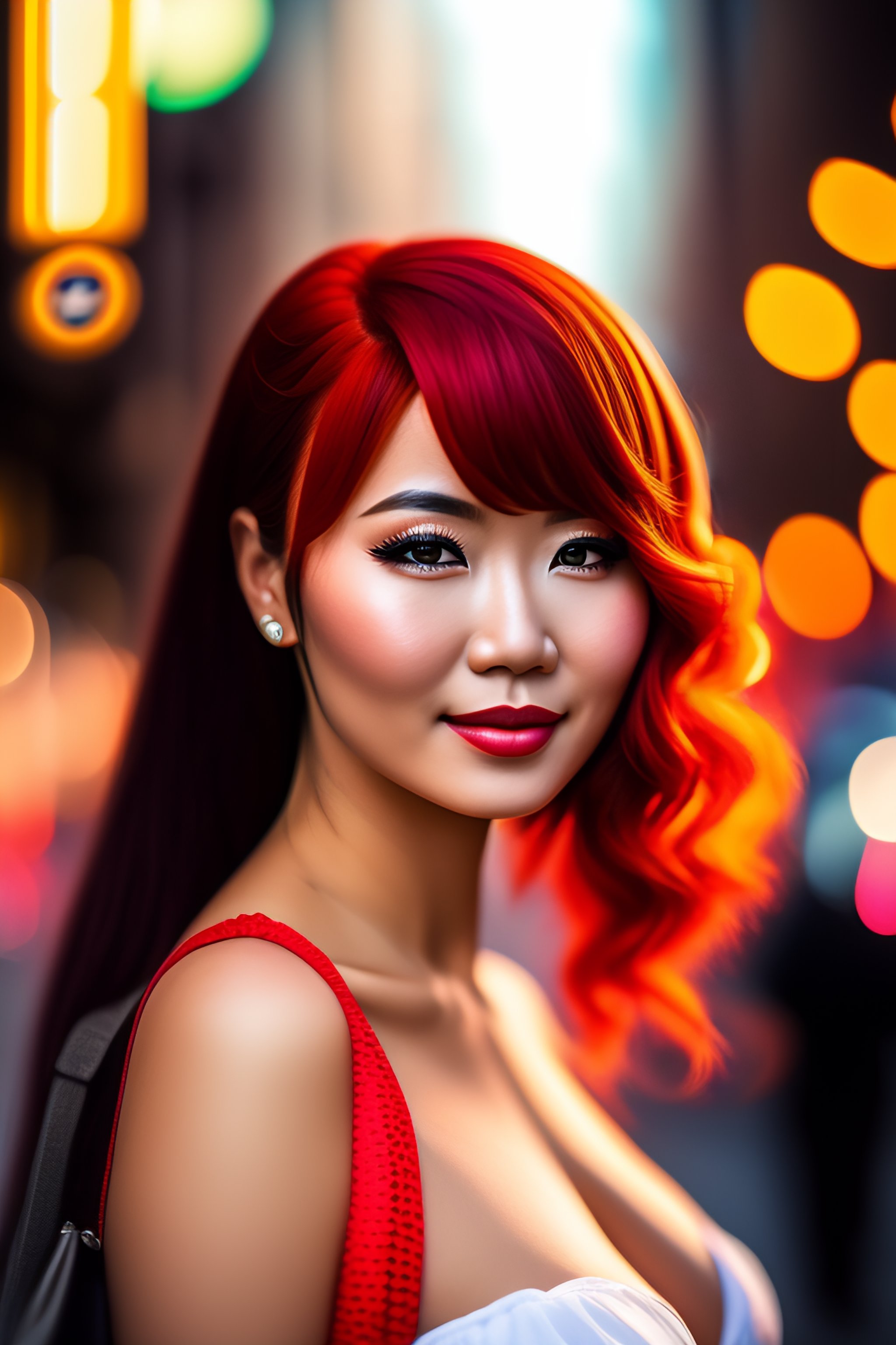 Lexica - Full body portrait of japanese anime cartoon woman with red hair  in big town, bokeh