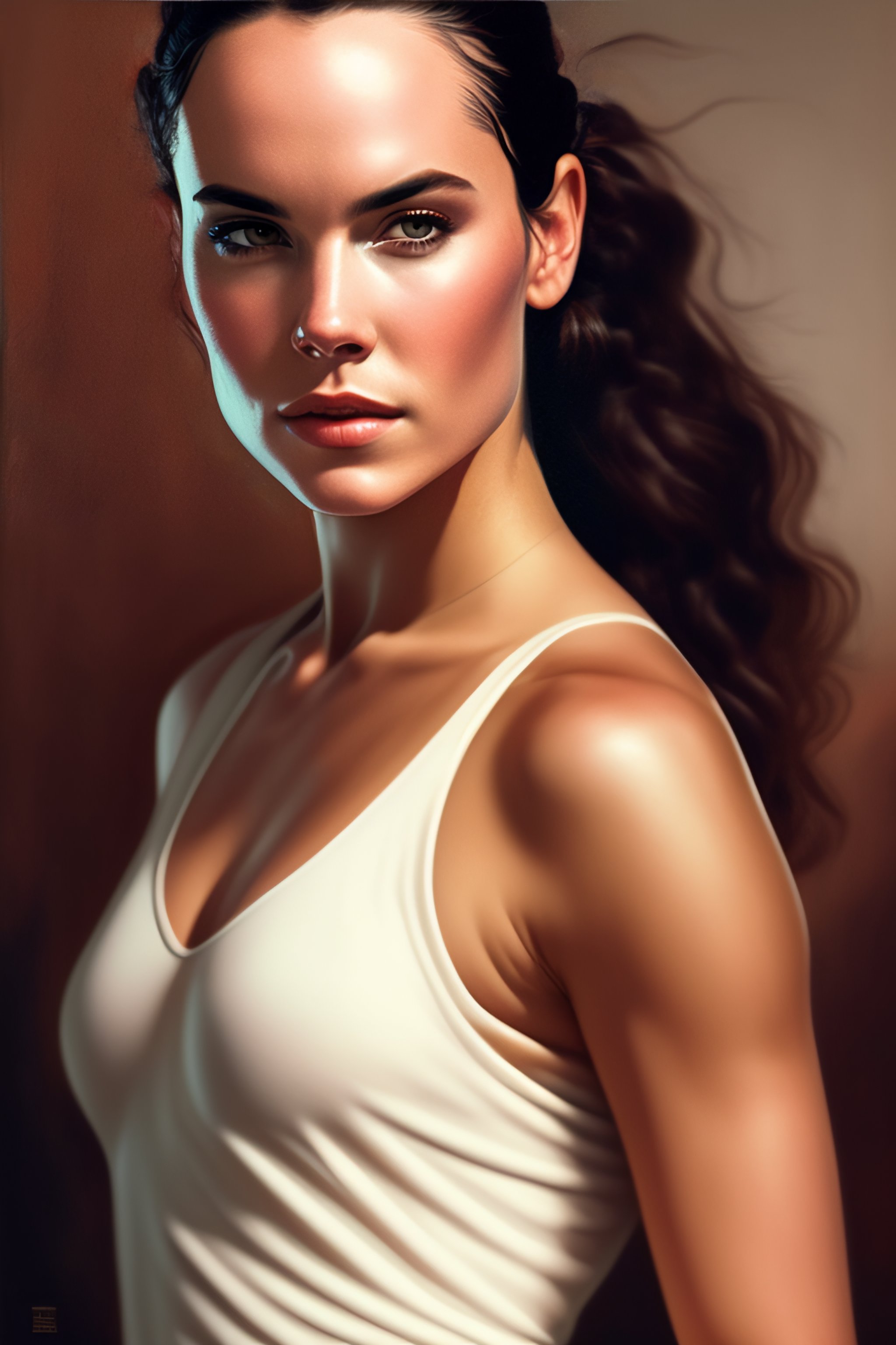 Portrait of Star Wars Rey Skywalker in a form-fitting plunge-cut tanktop,  large-firm-chest, sweaty-glistening-skin - Lexica