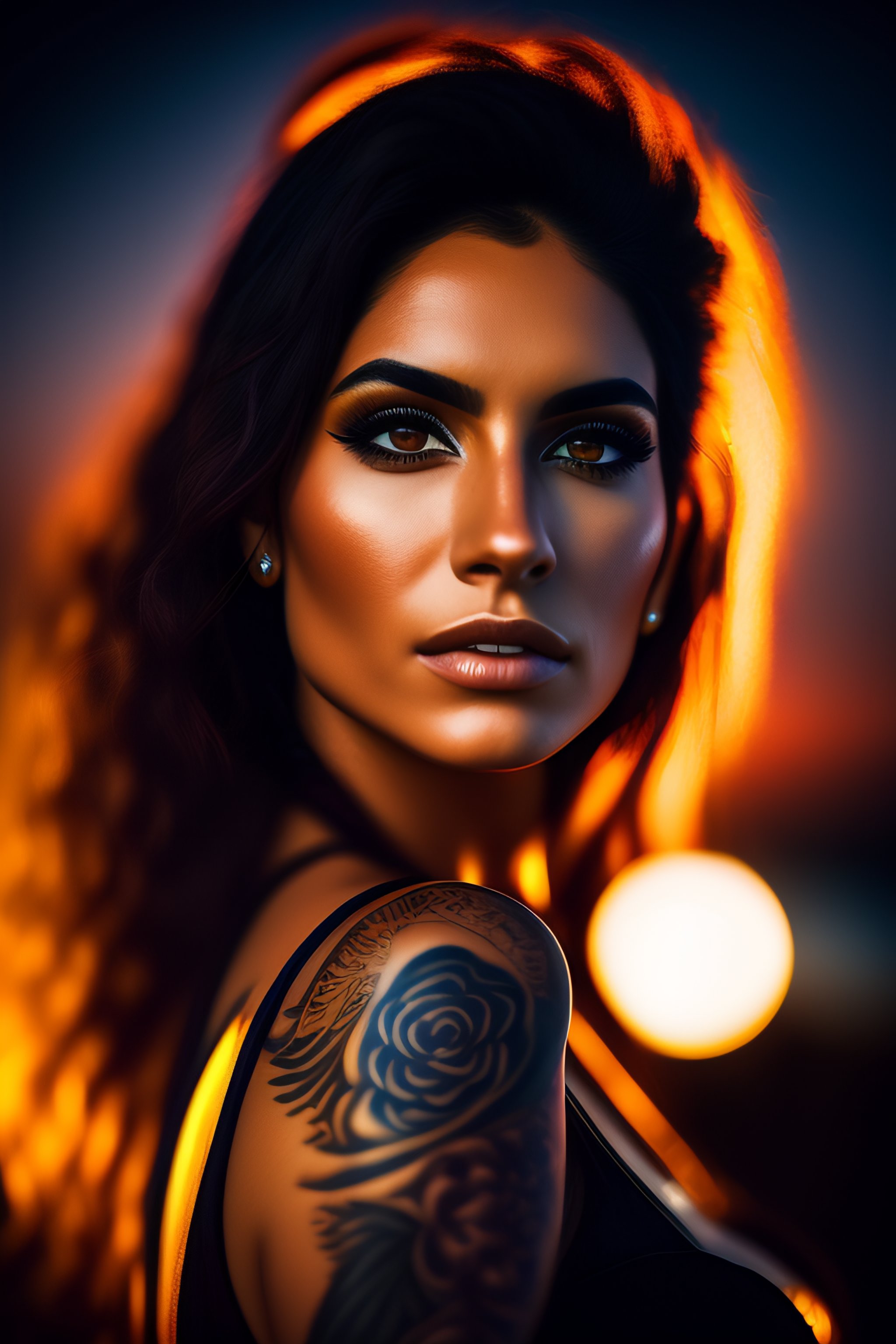 Lexica - Highly detailed photo of a beautiful Hispanic female with long  hair, piercings, metalhead style, behind a natural moon light, wide shot,  sym..., image size:2048x3072