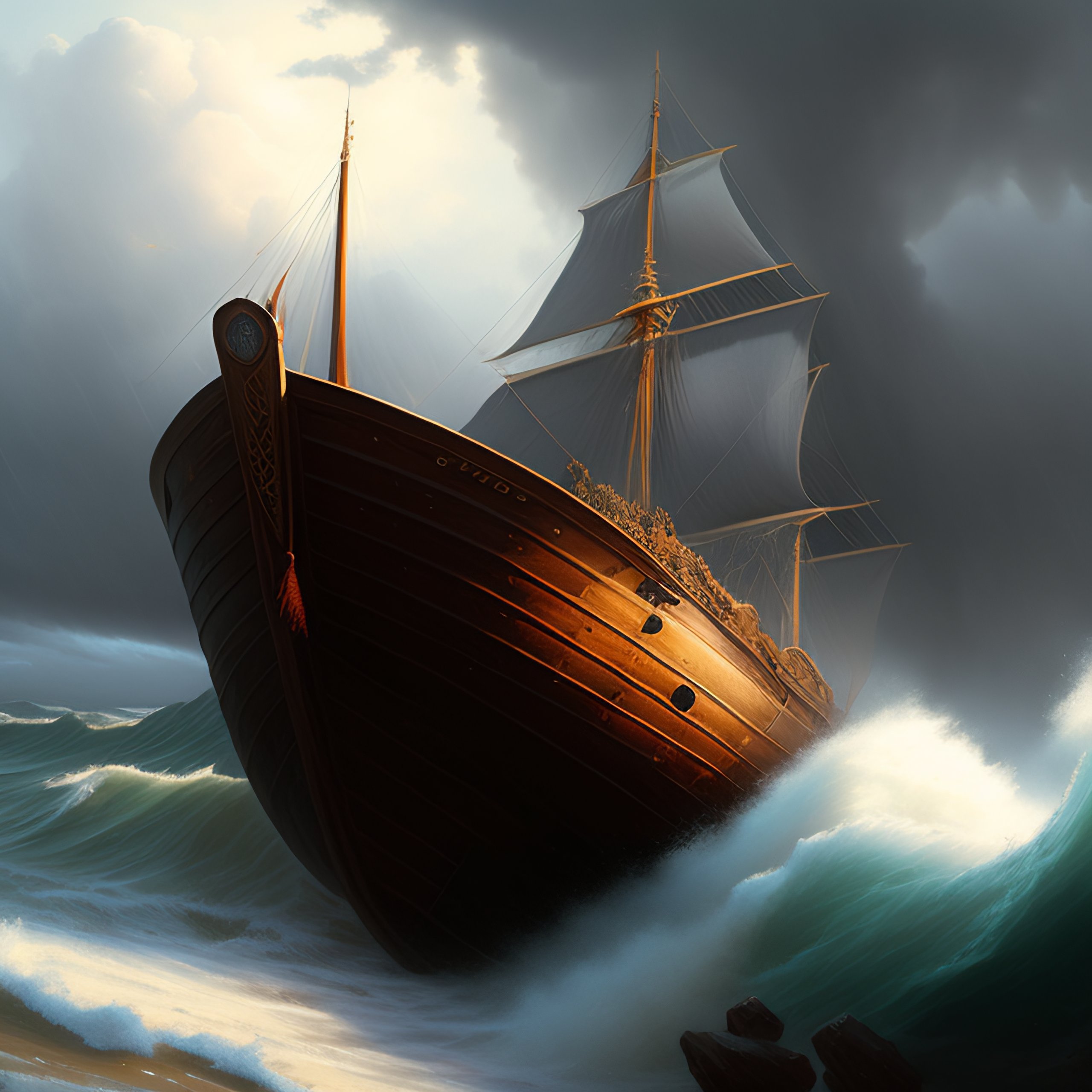 Lexica - Broken old boat in big storm, by justin gerard and greg rutkowski
