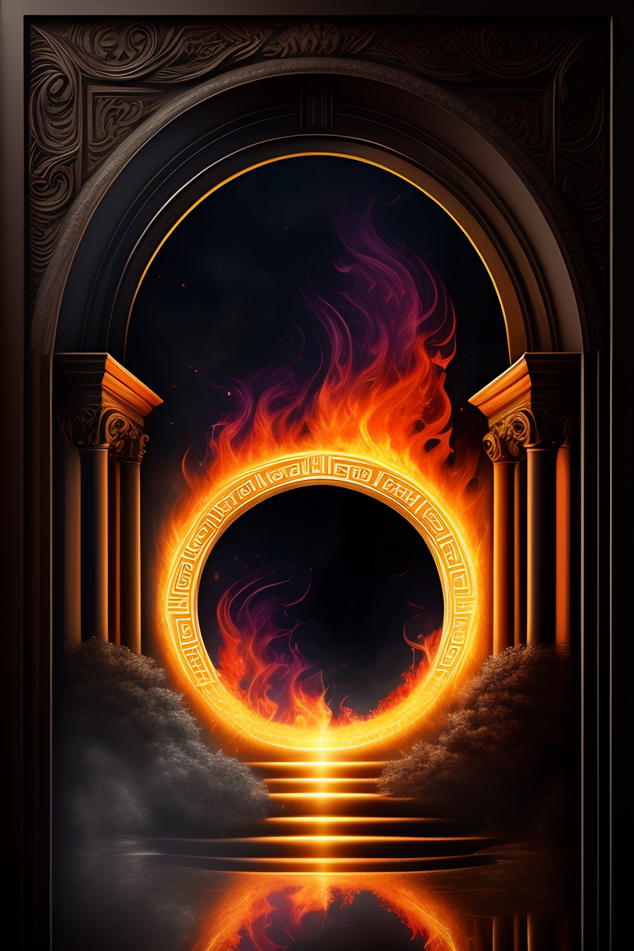 Lexica - Greek flaming portal, detailed black and white drawing, border