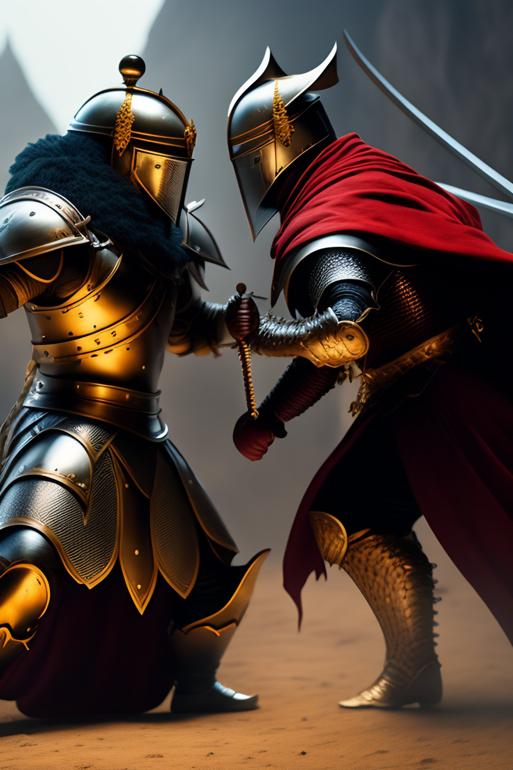 Lexica - Fight scene of a knight and a creature; action, dynamic