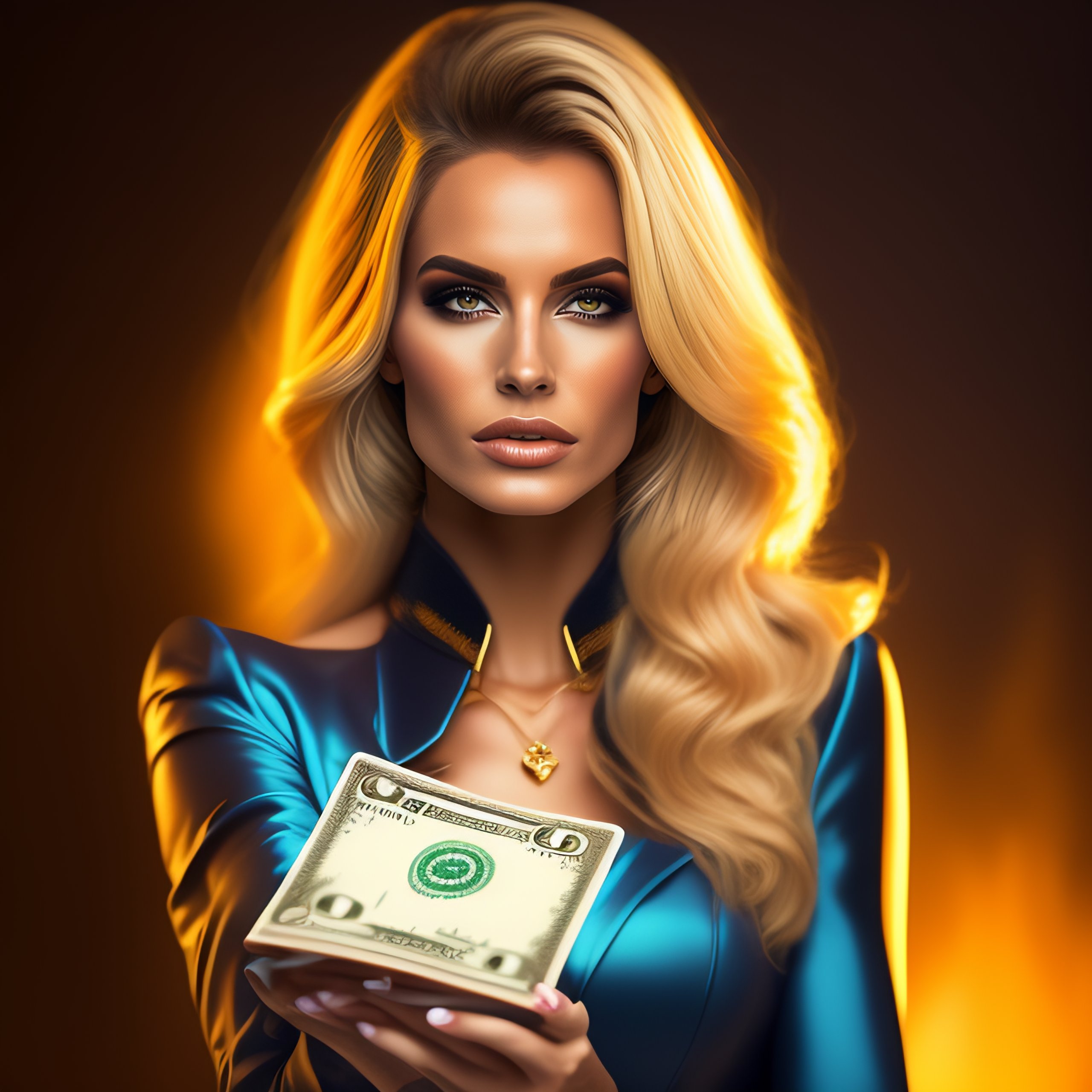 Lexica Unreal character, gold digger sad female, holding money bags