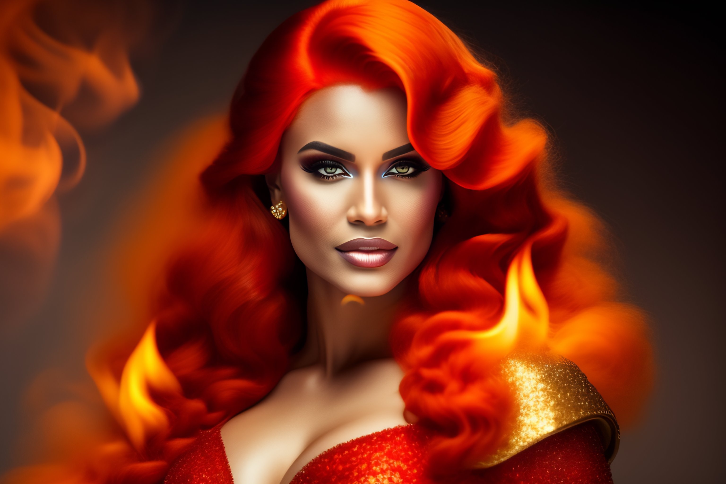 Lexica - A beautiful woman with giant chest in a beautiful dress with red  flaming hair in a golden dress