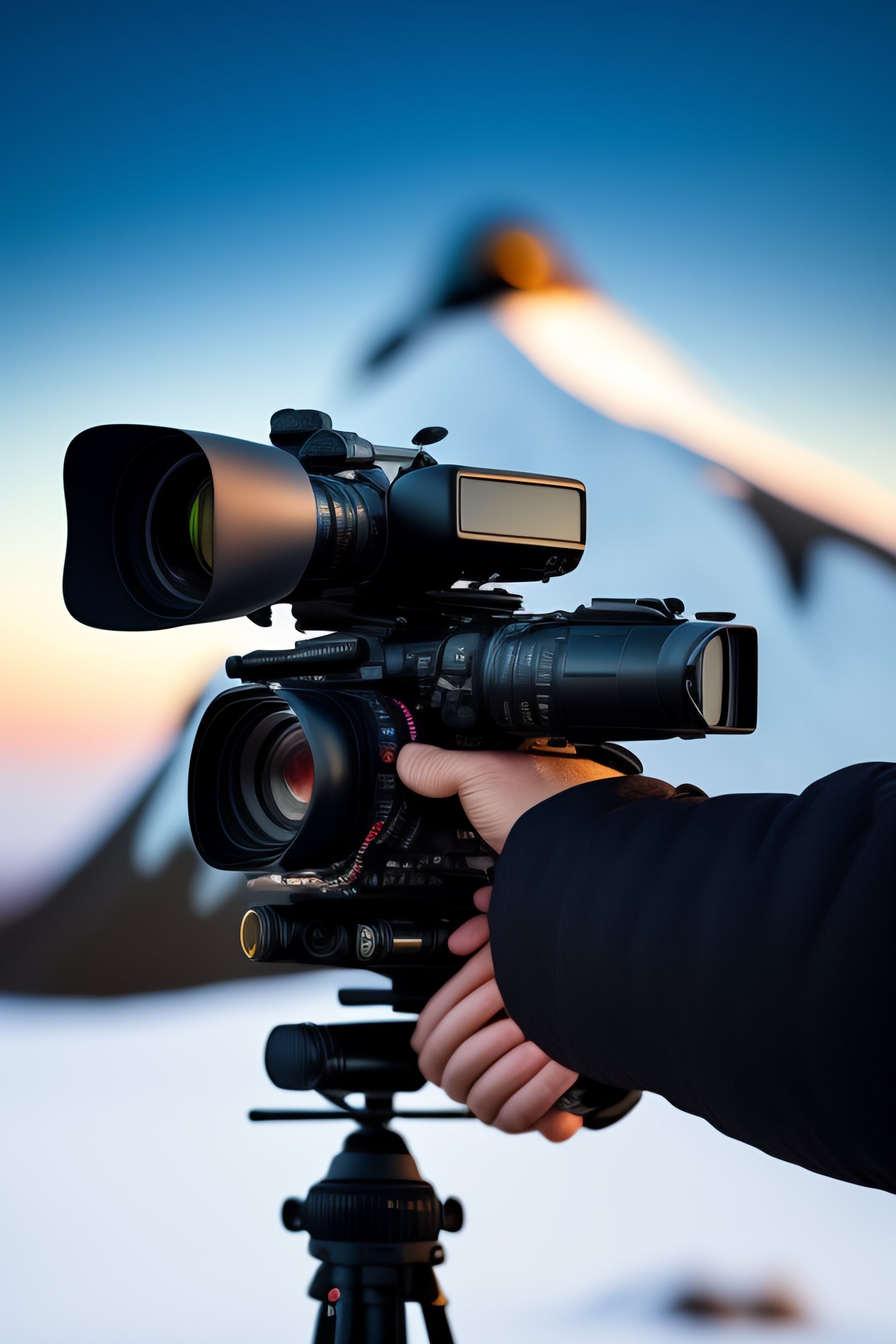 Lexica Penguin holding a video camera like a cameraman