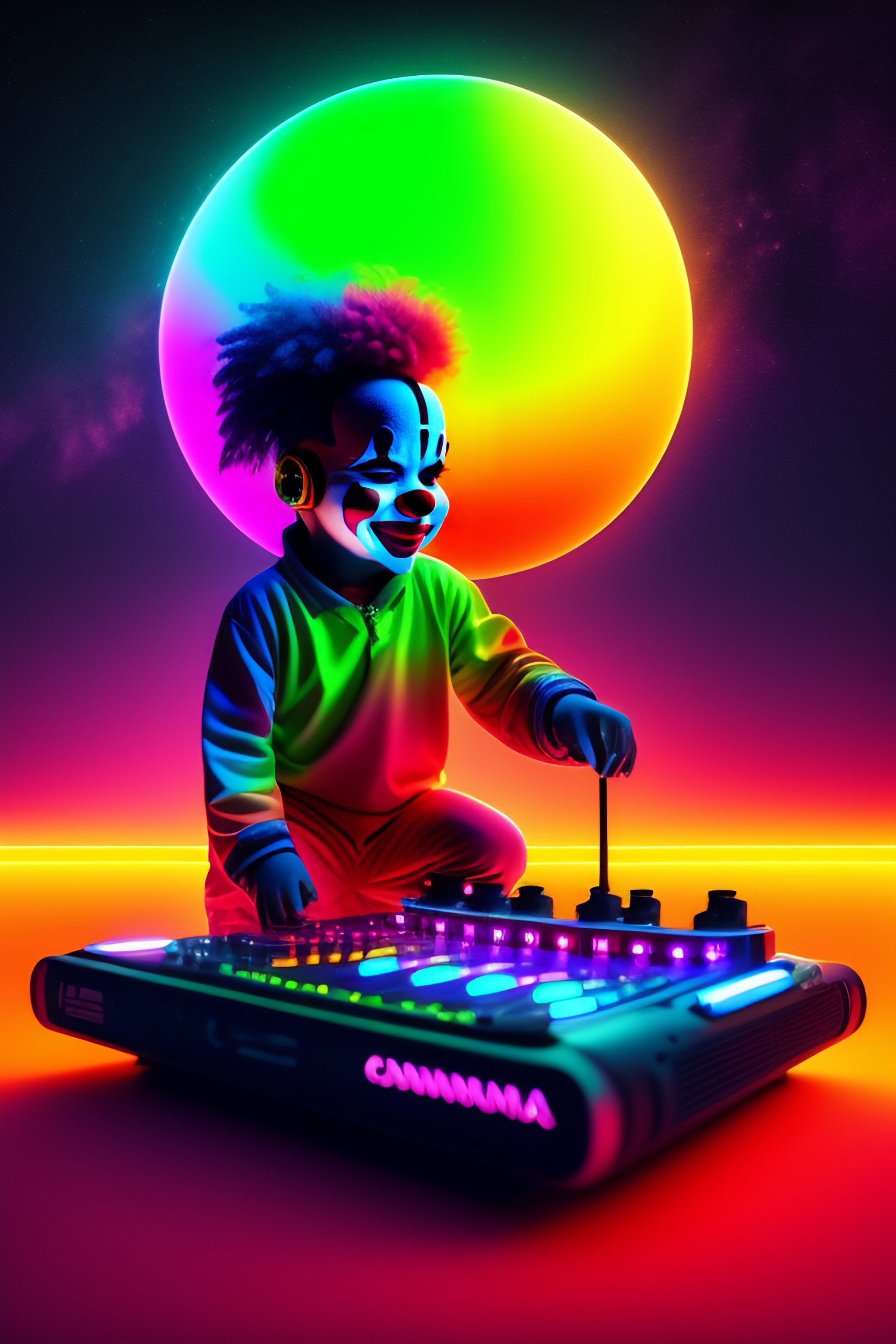 Lexica - An clown playing with a dj console, on the planet mars, neon ...