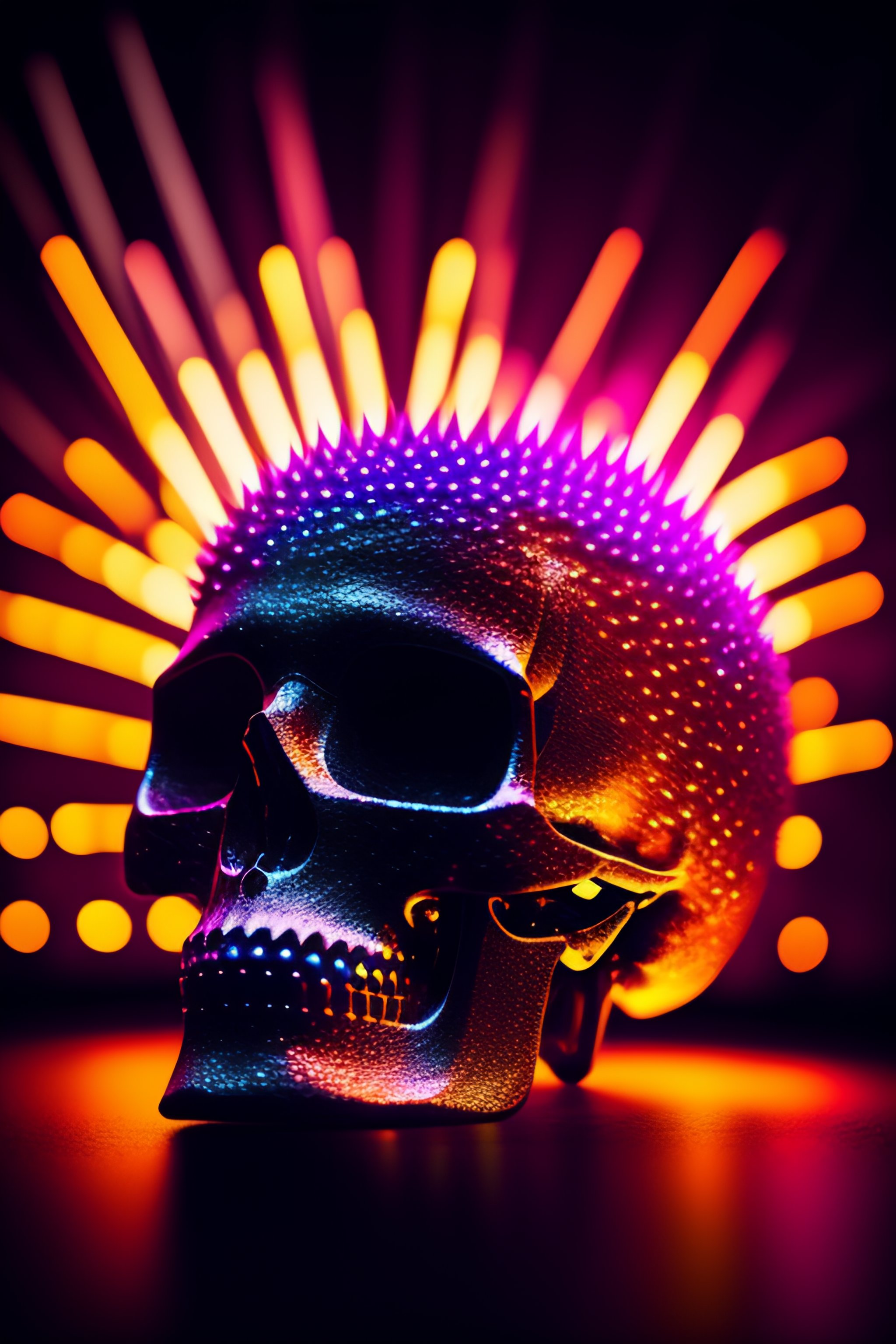 Lexica - A low poly disco skull full of long spikes, reflecting light in a  nightclub, grainy film photograph 8K