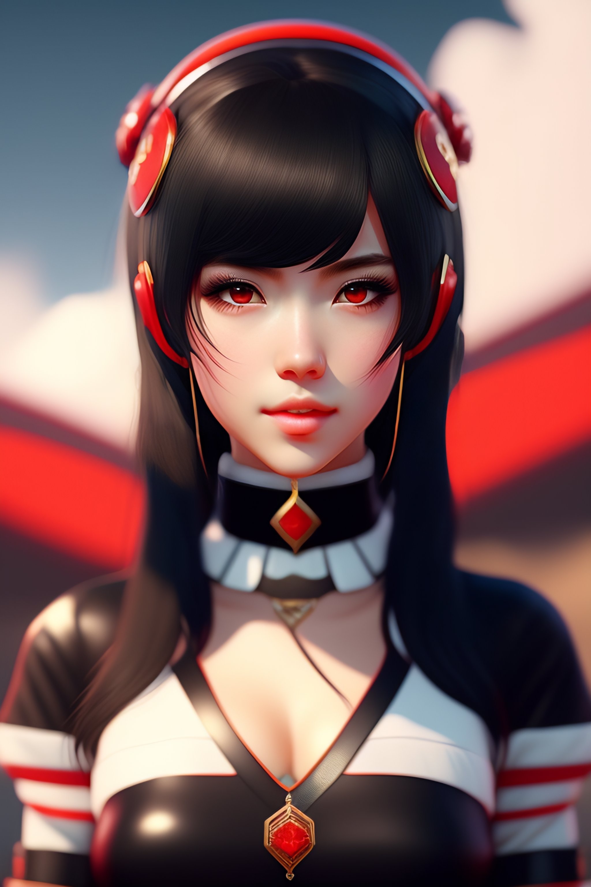 Lexica - Cute anime girl with red eyes black hair wearing black-red outfit  costume, black hair, black leather choker, in the beautiful landscape,  pho