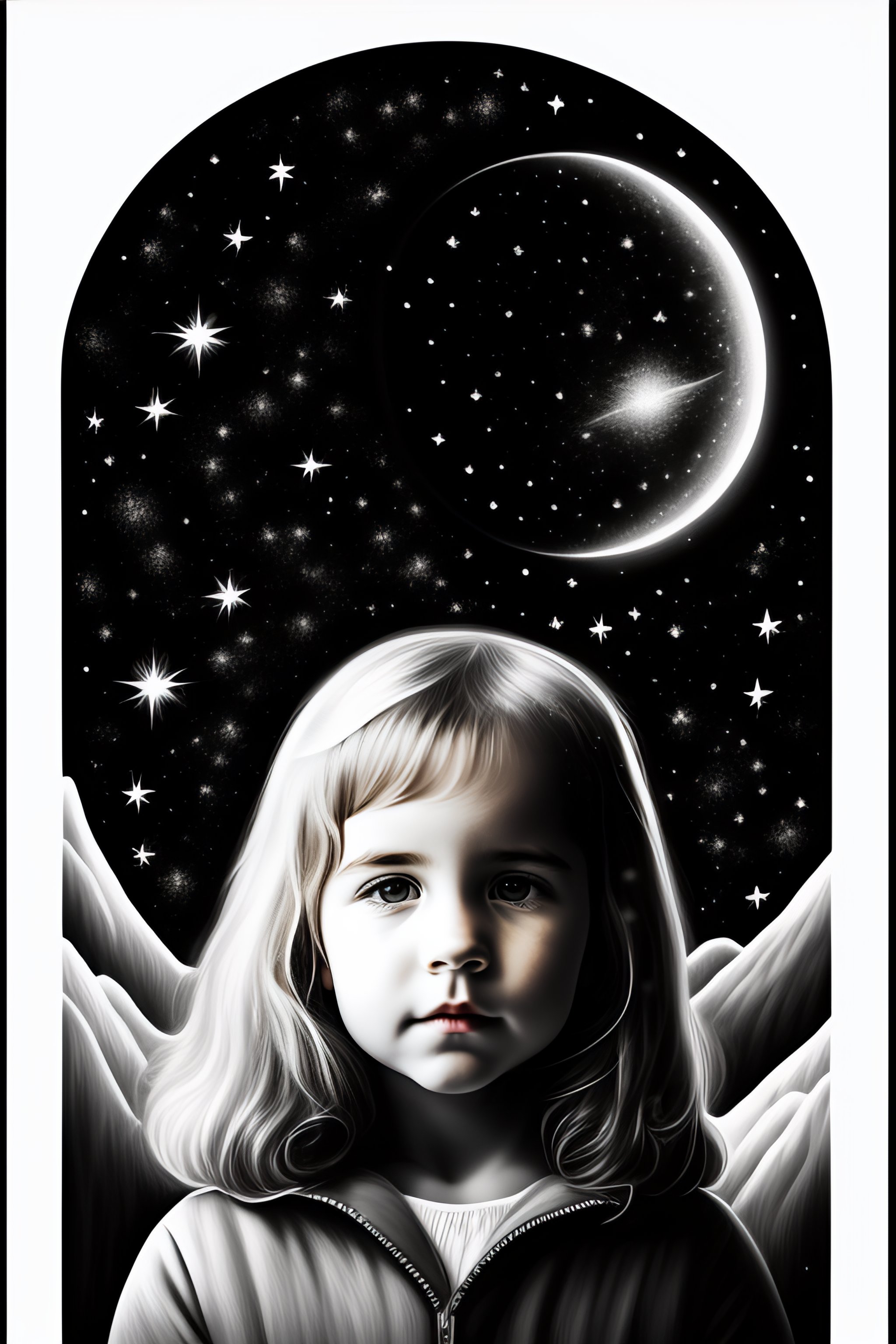 Lexica - Girl looking at the stars, black and white, logo,