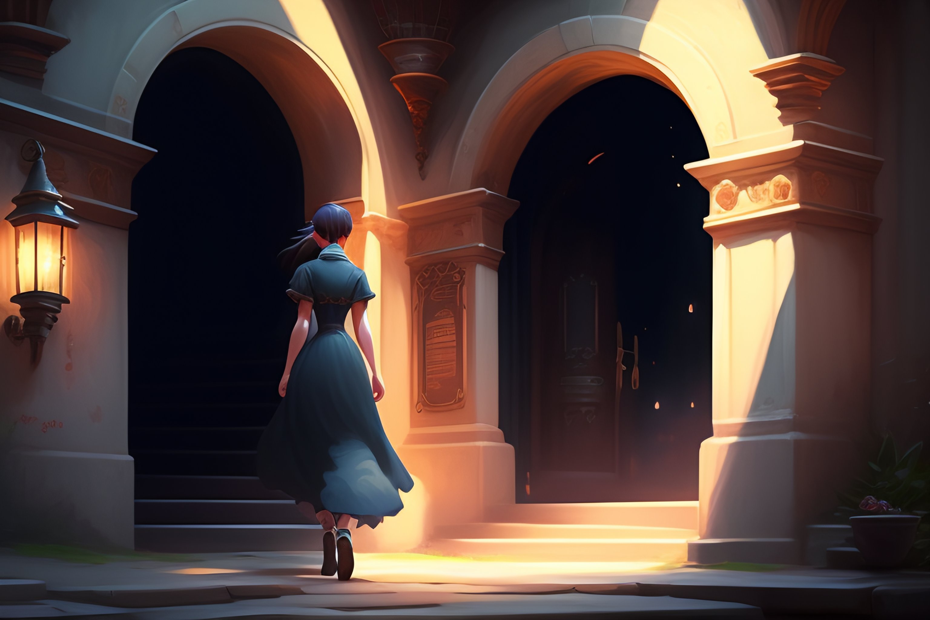 Lexica - Woman walking down stairs into a cellar. you see doors on the ...