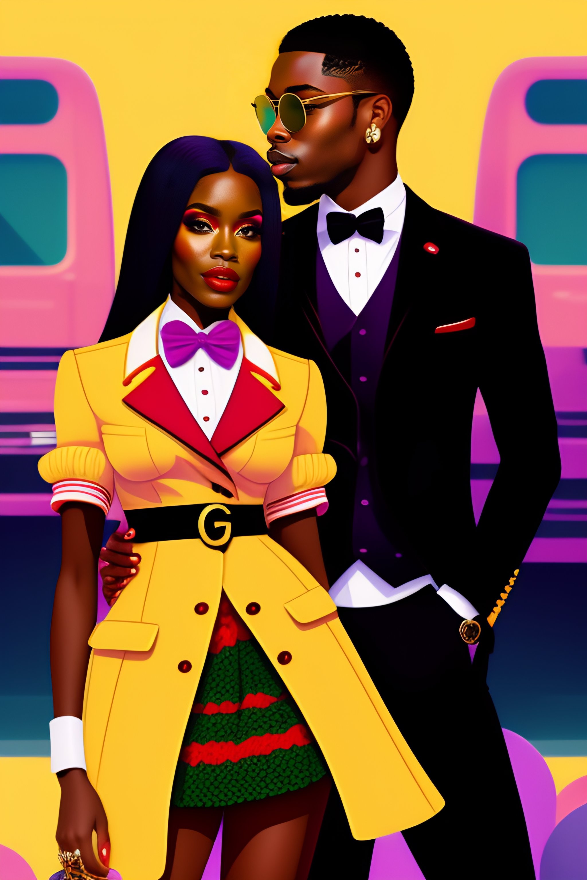 Lexica - Young black couple dressed in the style of gucci cartoon