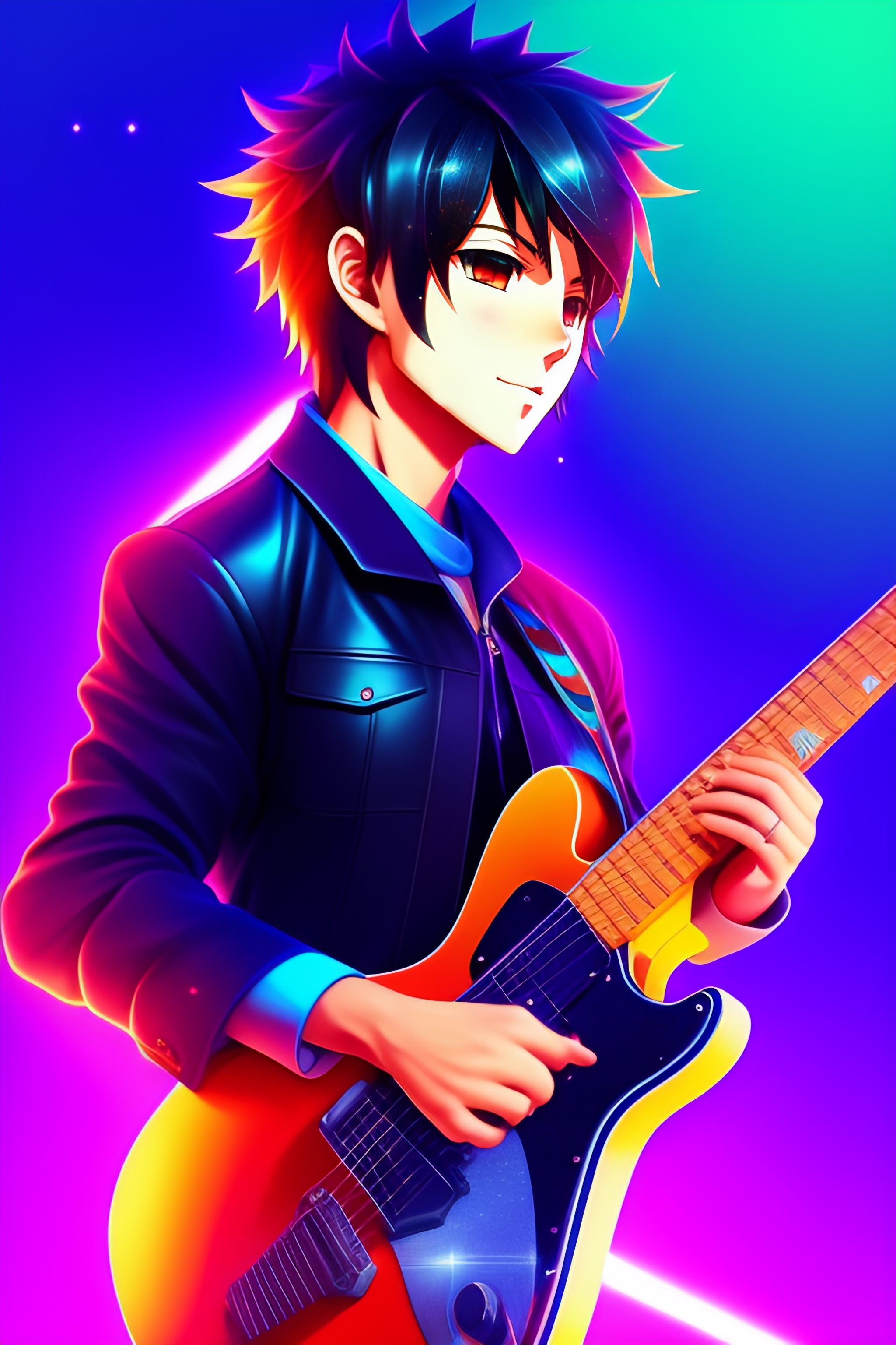 Lexica - Handsome boy, anime style, playing guitar in a gradient background  with shining sparkles