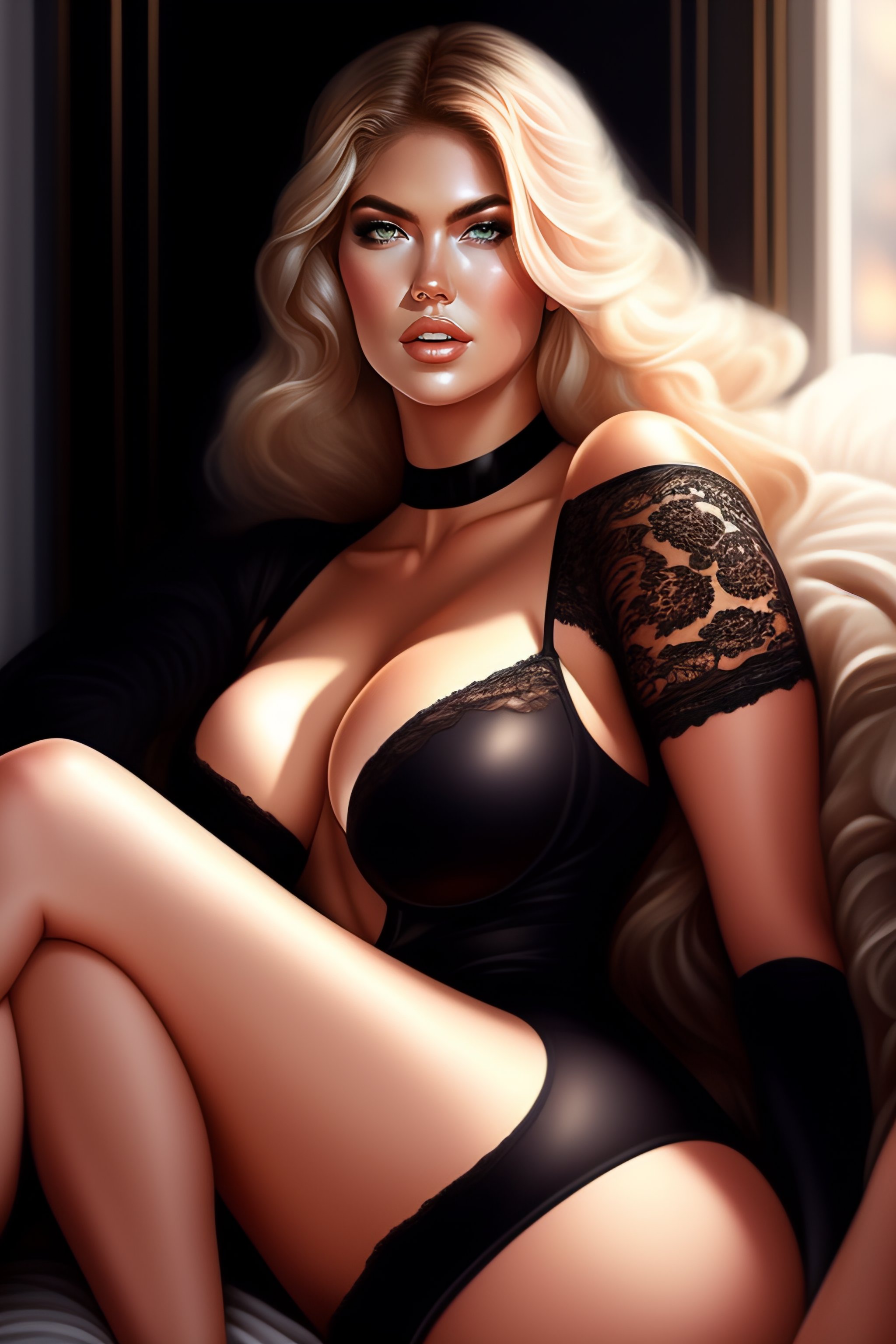 Lexica - Full body, 2D digital painting of Kate Upton, wearing black lace  outfit, crouching in a bed, full intimate setting, by artgerm lau  rossdraws...