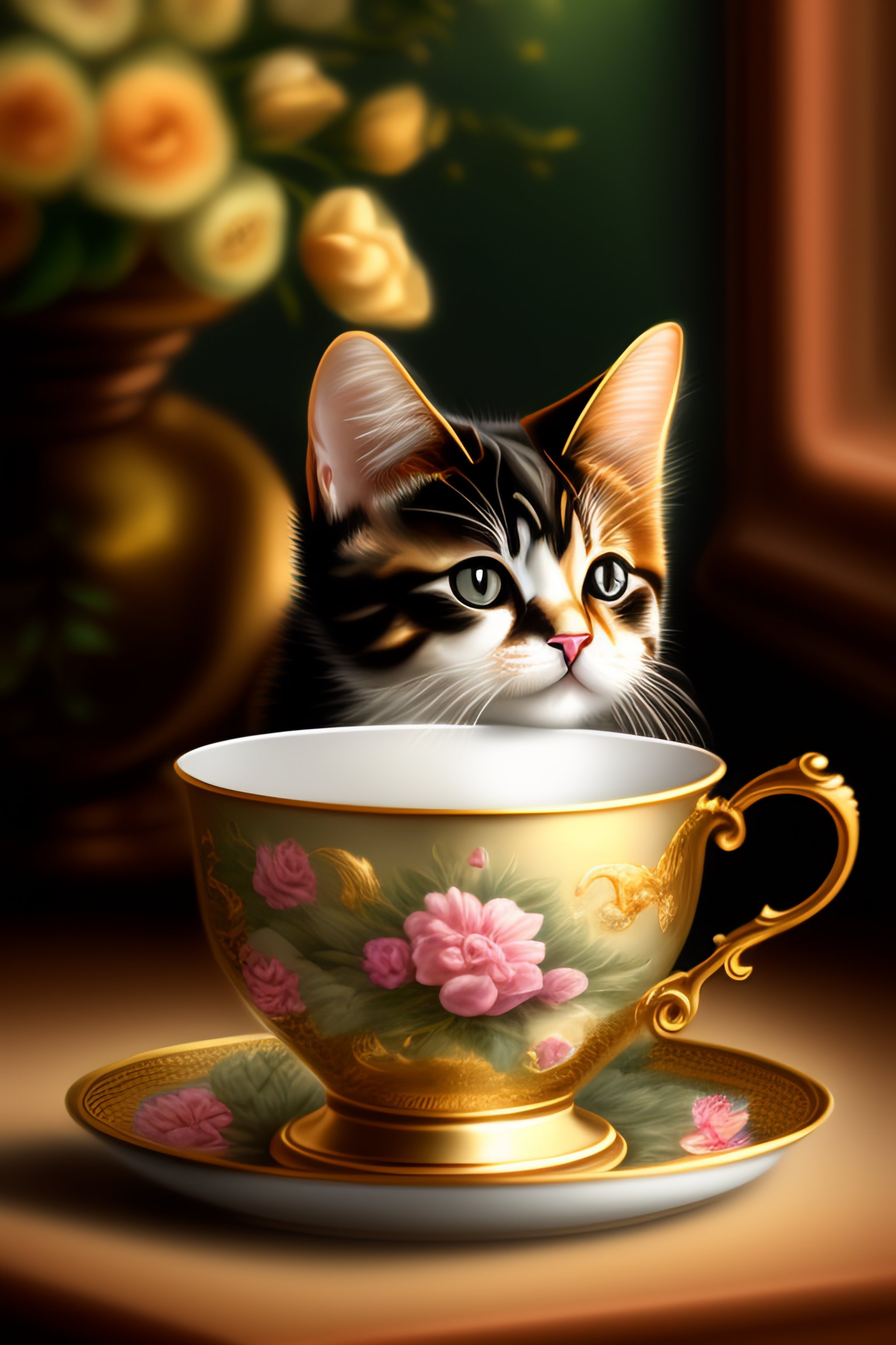 Lexica Sample Victorian Teacup Kitty Art Print. Digital Art, canvas