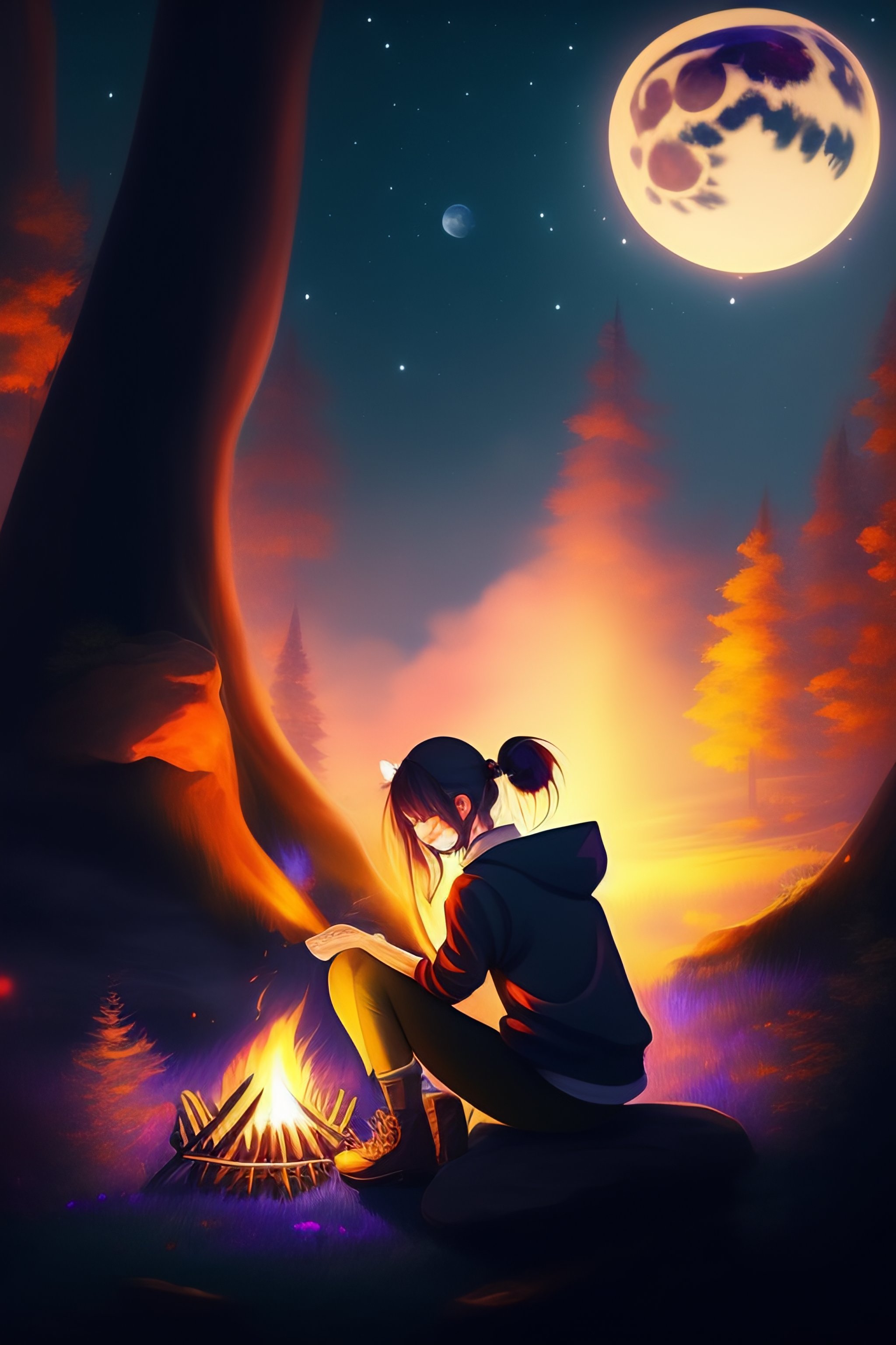 Lexica - Anime, girl, campfire, night, full moon, siting, face