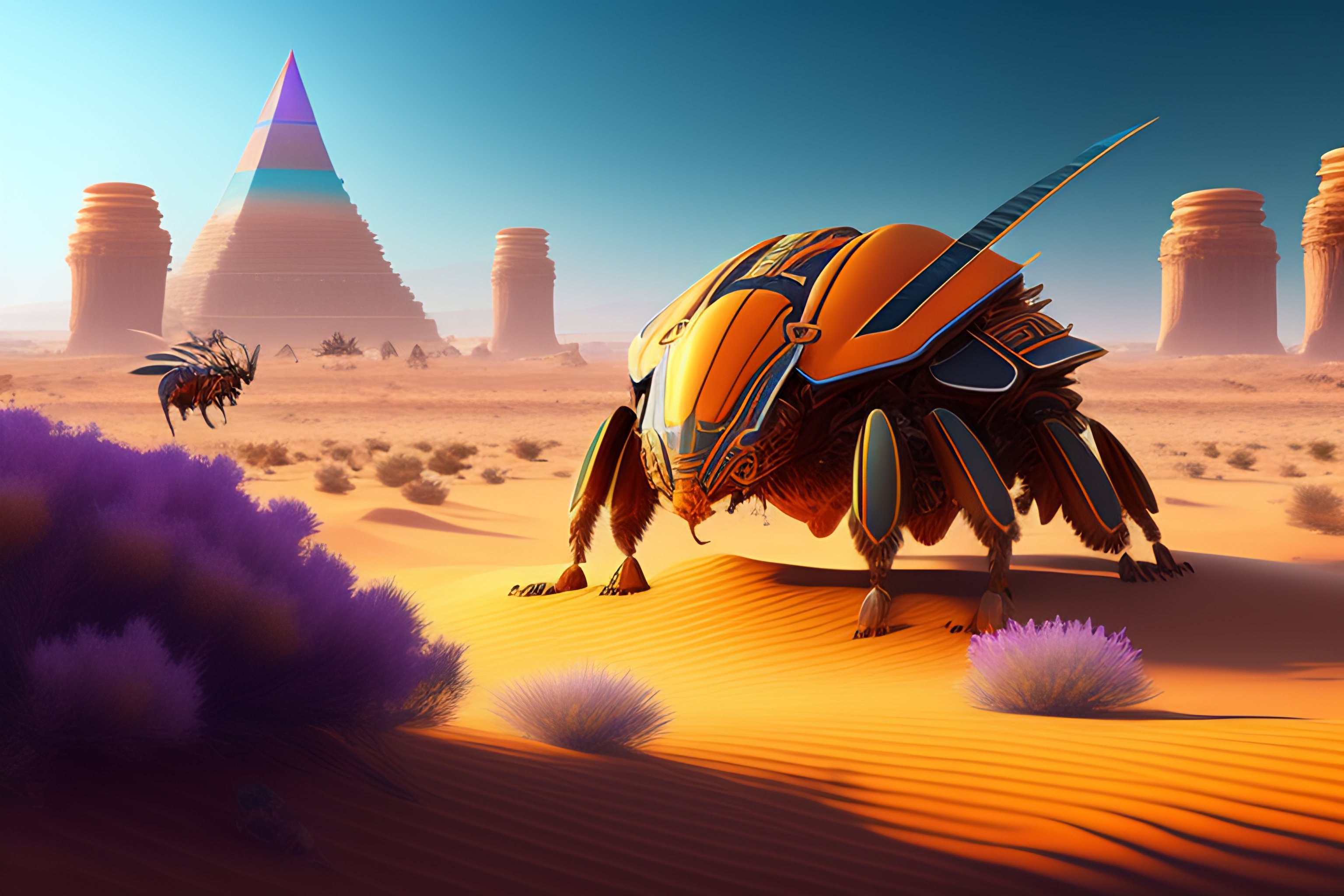 Lexica - Giant pharaonic insect in desert, greeneries and colorful ...