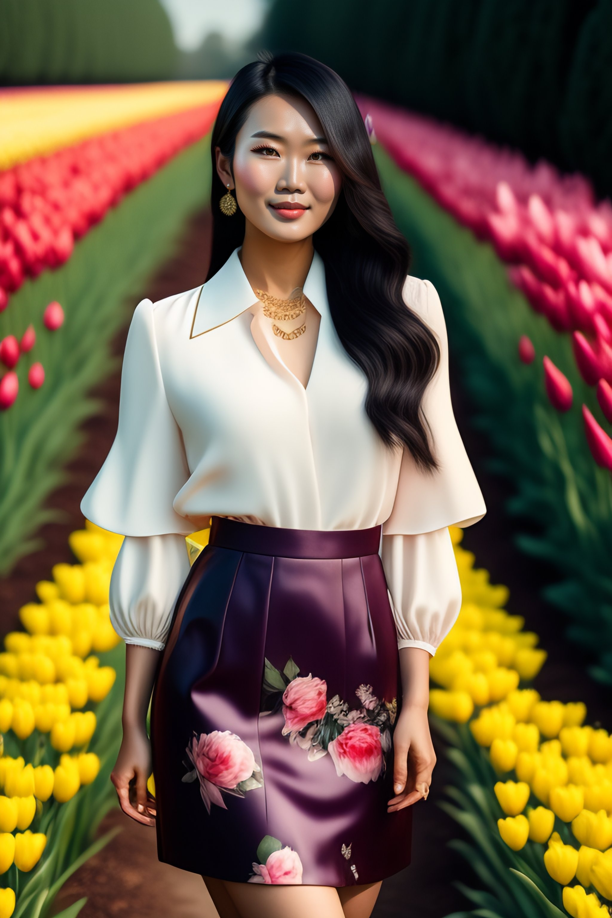 Lexica - An stunning Asian Australian woman, 20 years old, in a tulip  garden on a spring day, wearing a haute couture short skirt and silky blouse