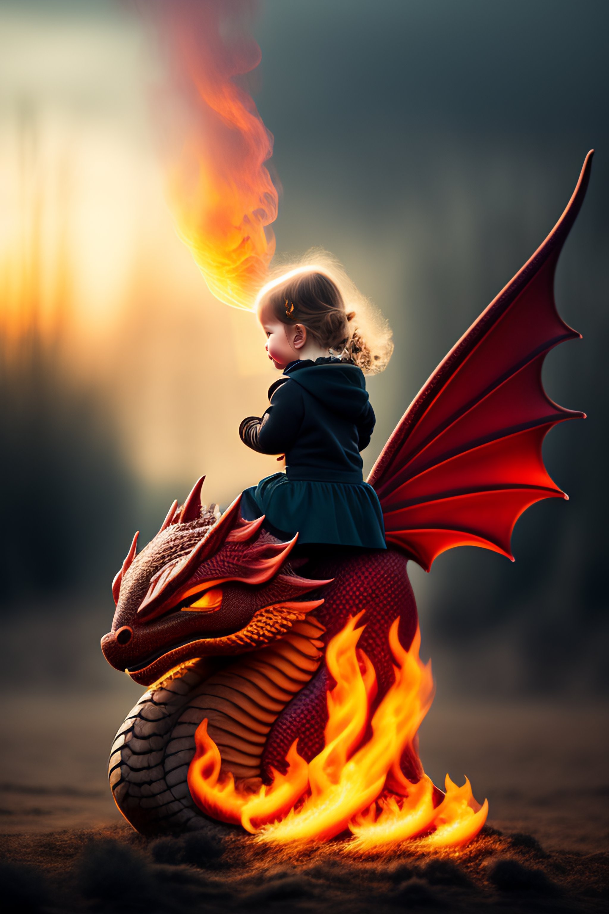 Lexica - Little girl sitting on a dragon with flames
