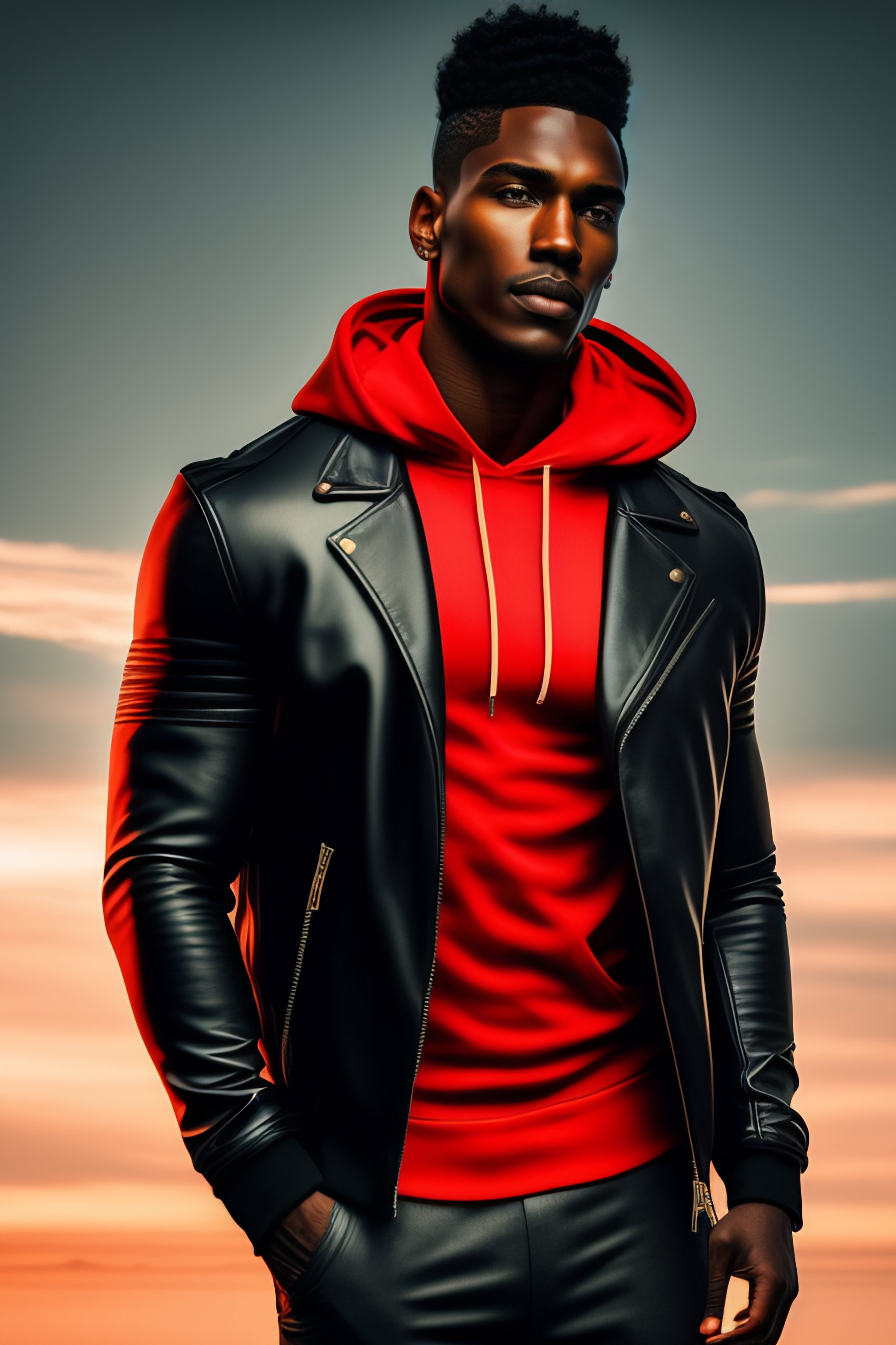 Lexica A guy in a leather jacket black hoodie holds the world on a red background full length