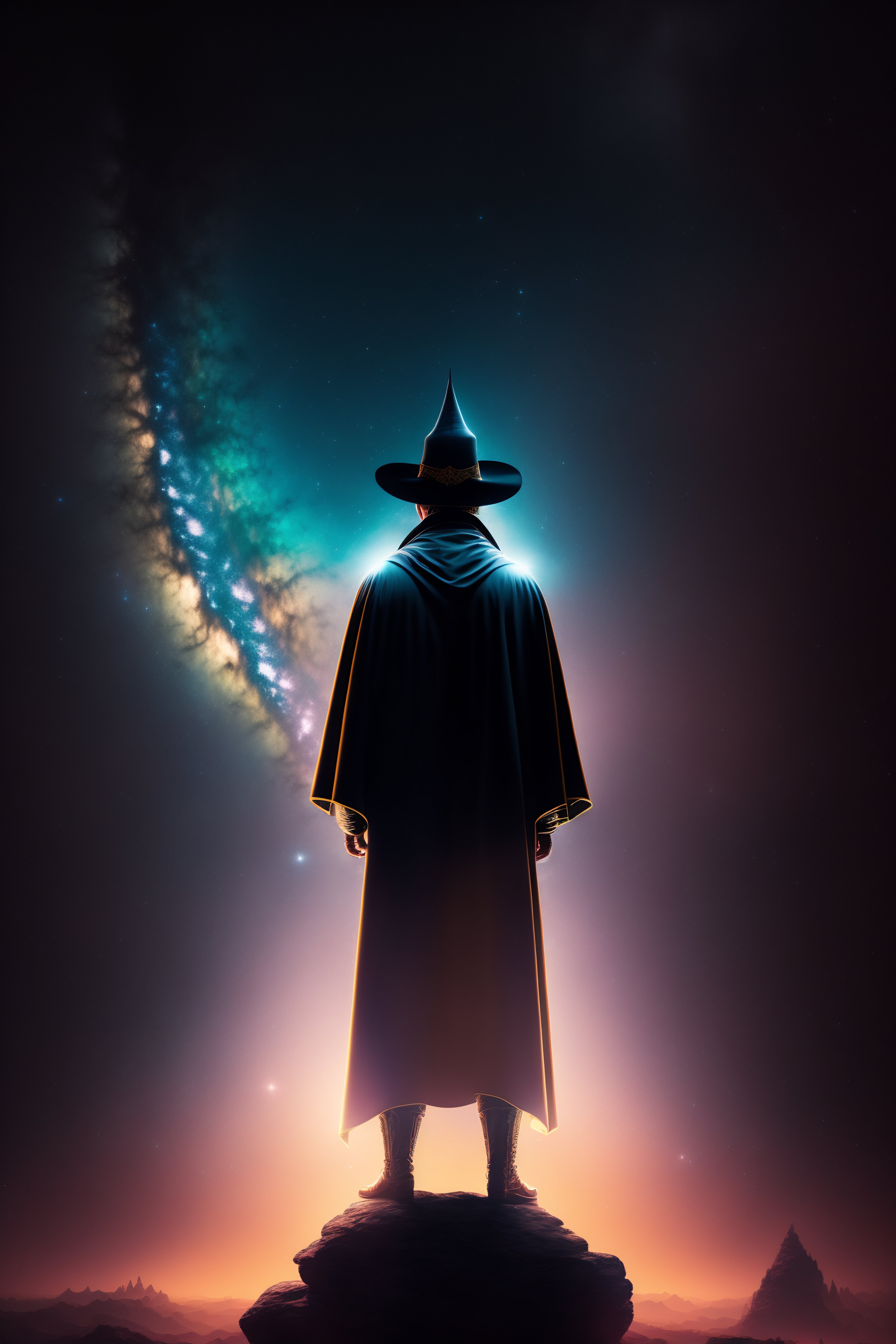 Lexica - Silhouette of a wizard in a robe and broad-brimmed pointed hat ...