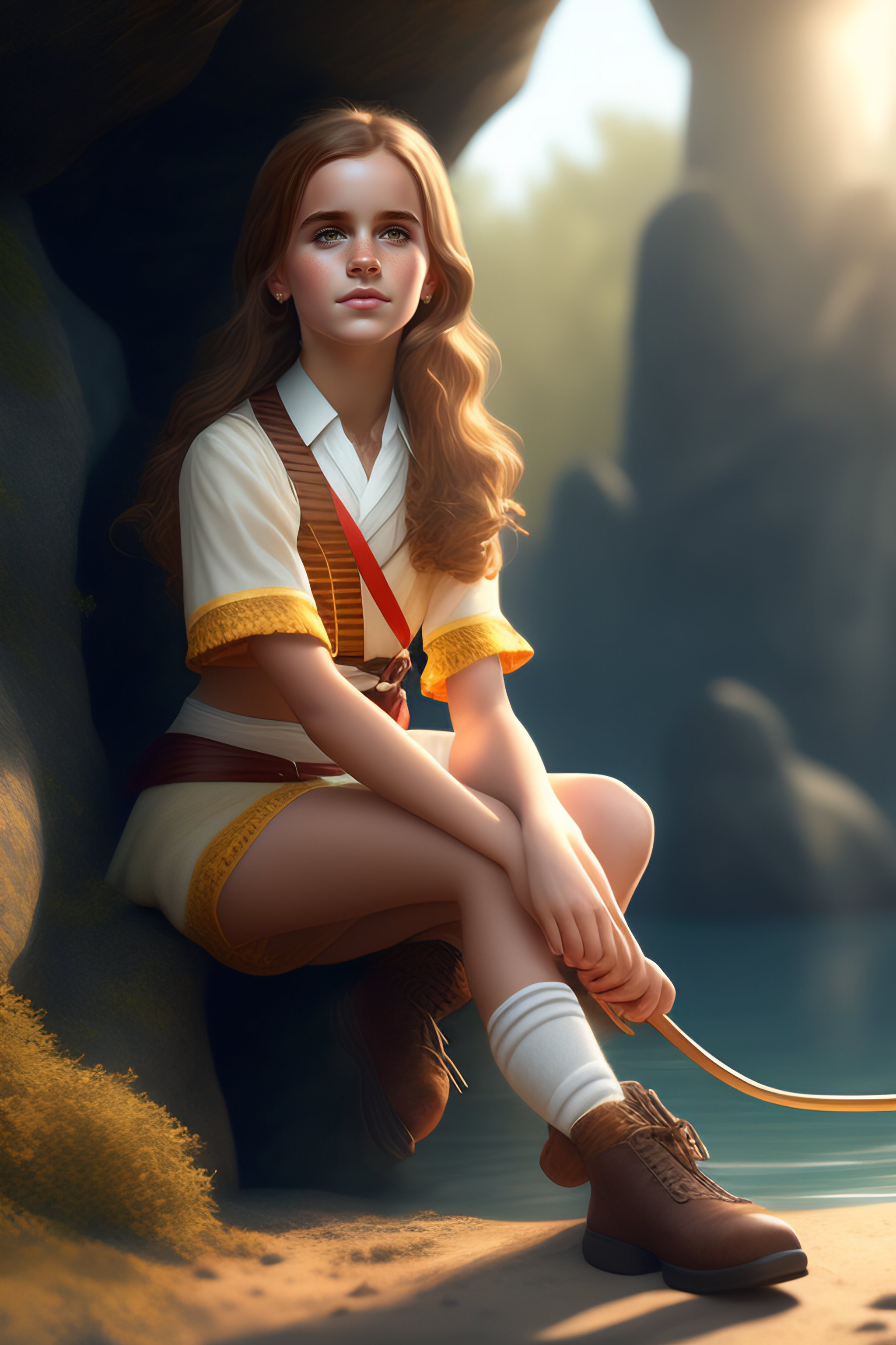 Lexica - Minibikini, sitting on a stick, full length, legs, feet, young Emma  Watson as Hermione Granger, anatomy, bathed in light, highly detailed, p...