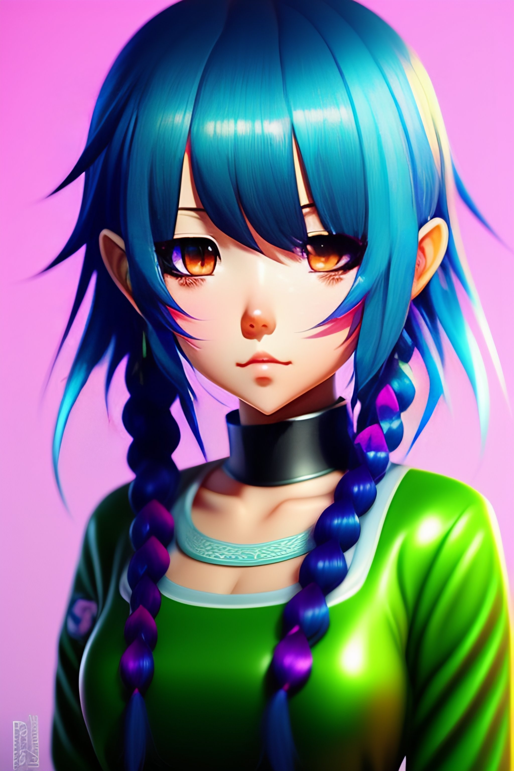 Lexica - Anime girl, short green/blue gradient hair pigtail, pink eyes ...