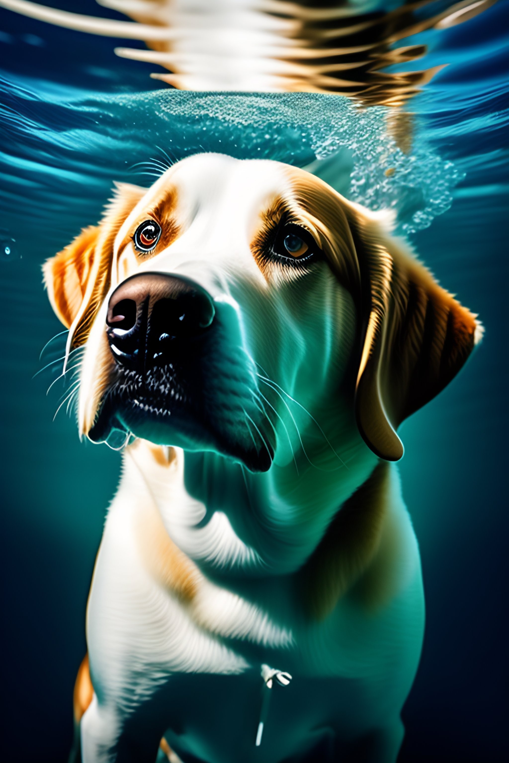 Lexica - Loseup wide angle underwater photo upshot of a dog underwater ...