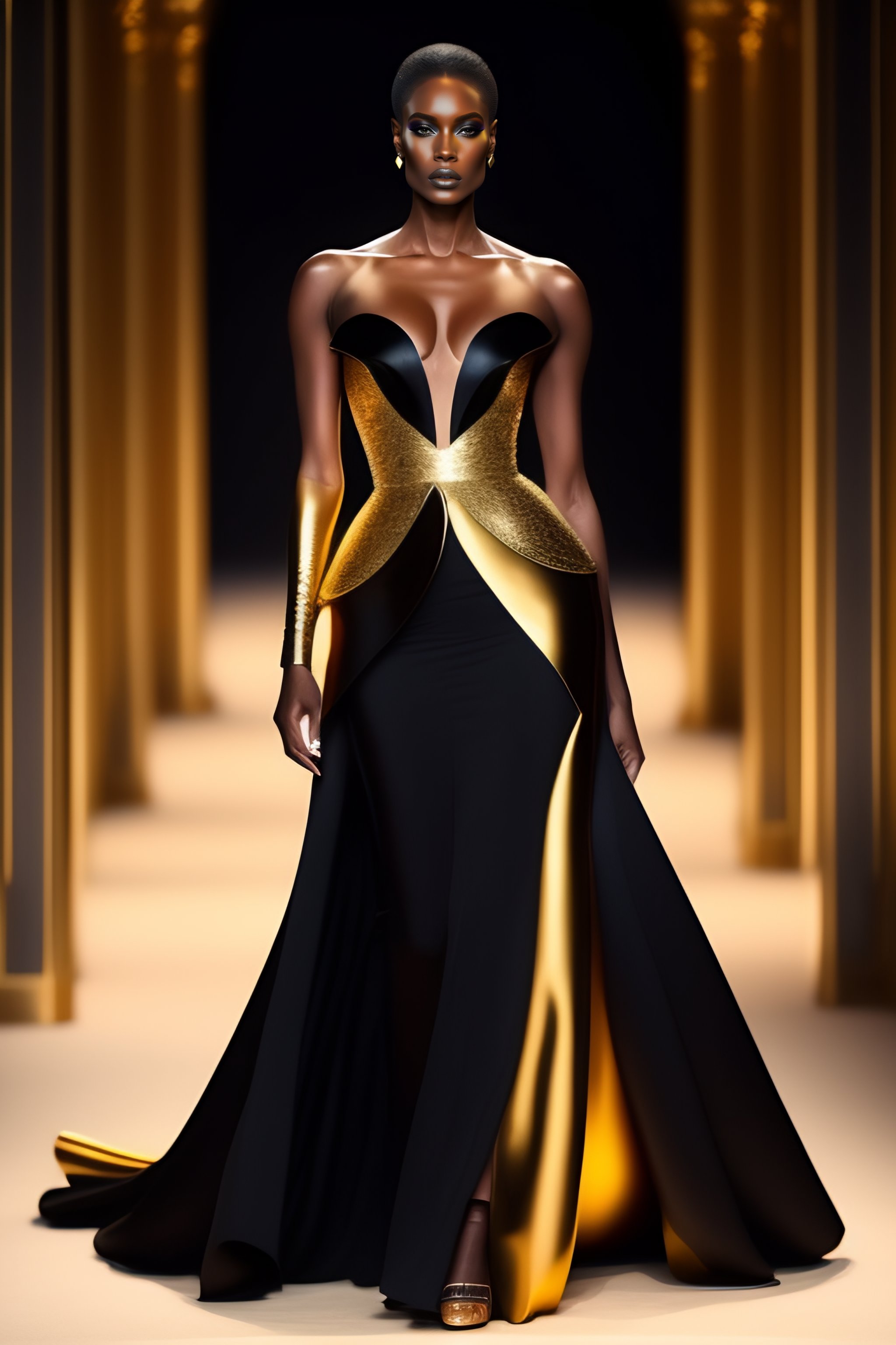 Lexica - Create a futuristic elegant and haute couture evening dress for  women that has black color, gold color and is represented in full length  wit