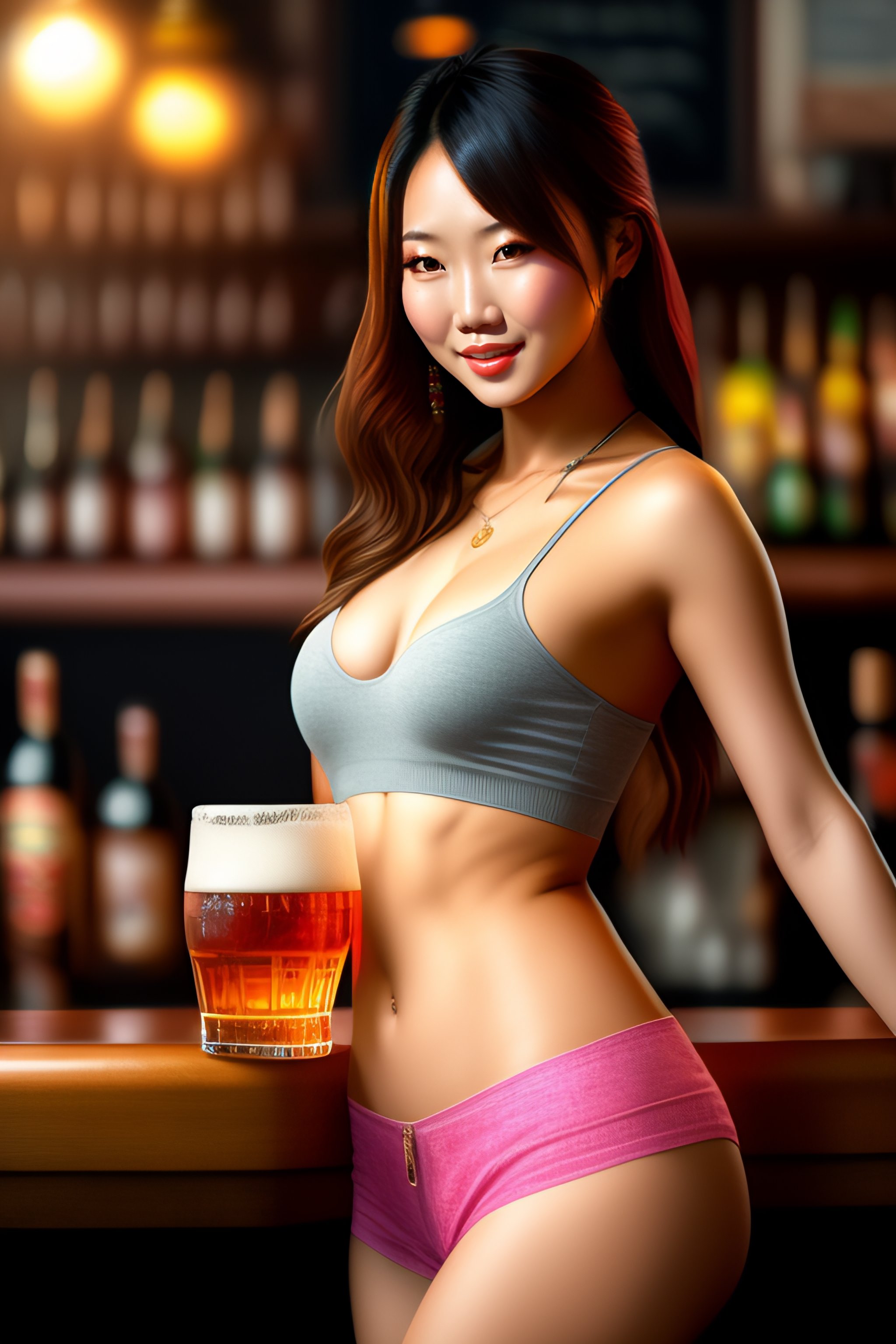 Lexica Digital painting of a Cute girl, sexy, full body, Asian, face of Riko Nagai, in a pub