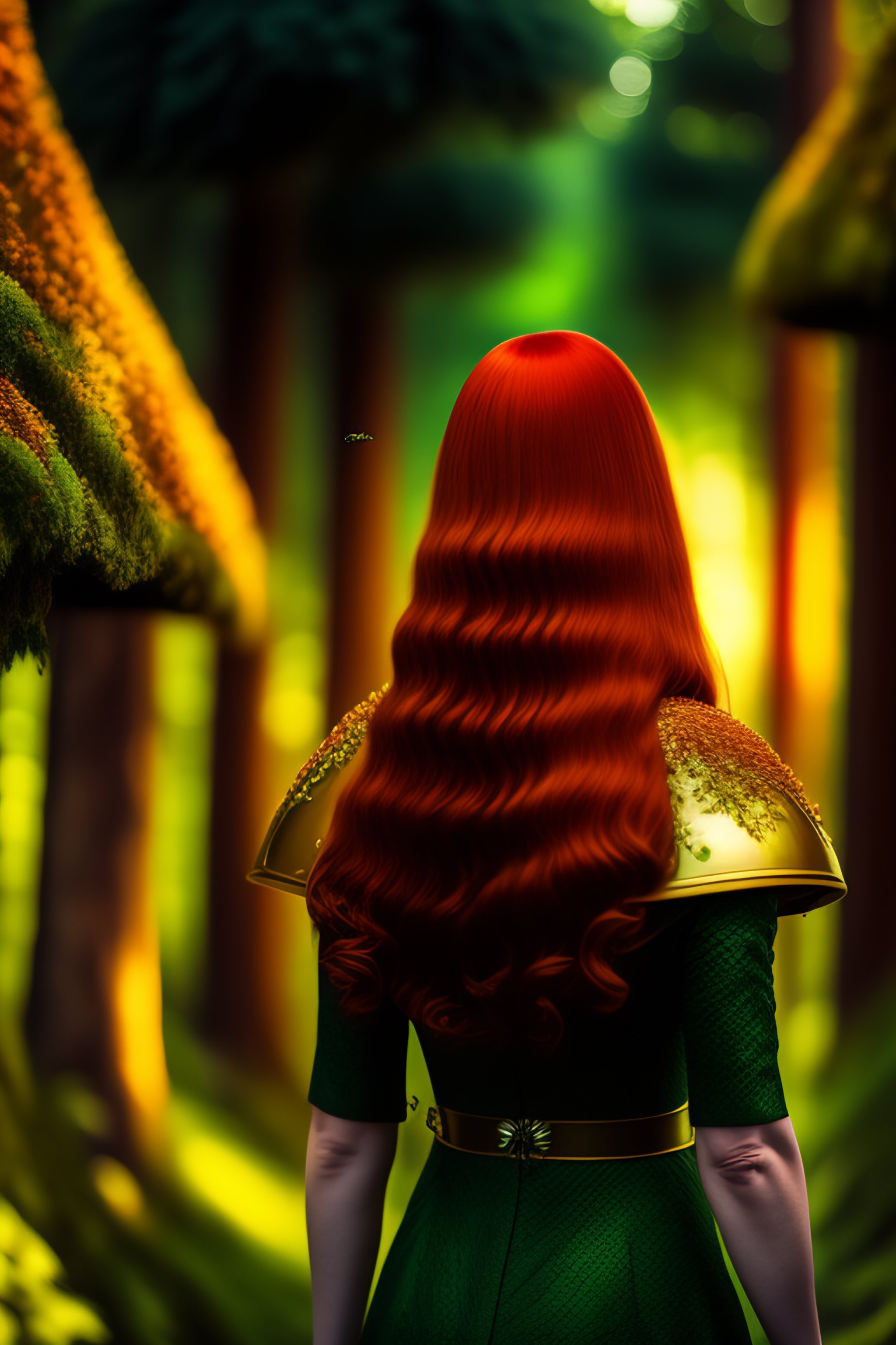 Lexica - Bees, red hair woman walks in the green forest with her back ...