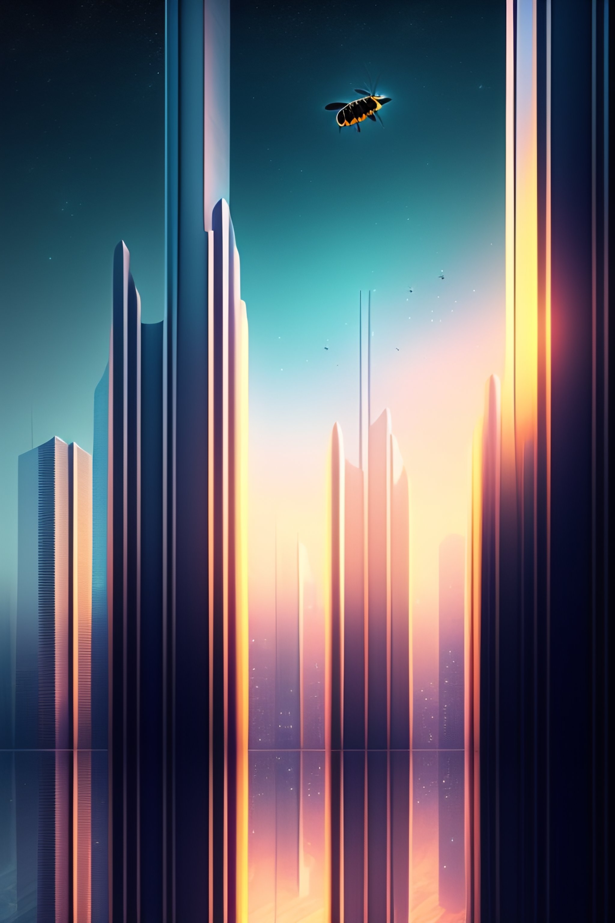 Lexica - Future tech bee , night city in the background, muted colors ...