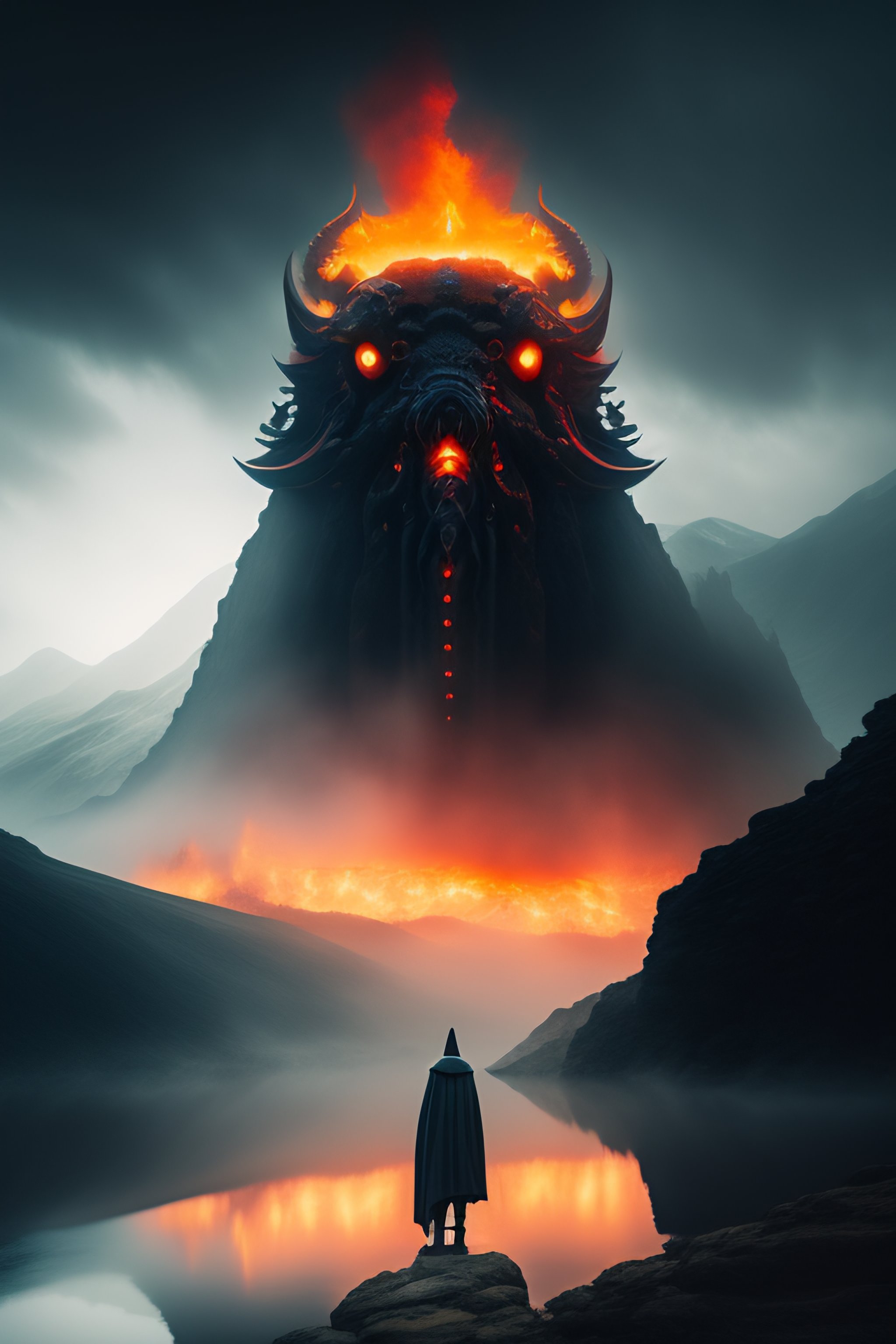Lexica - In a vast landscape behind cloudy mountains a colossal and ...