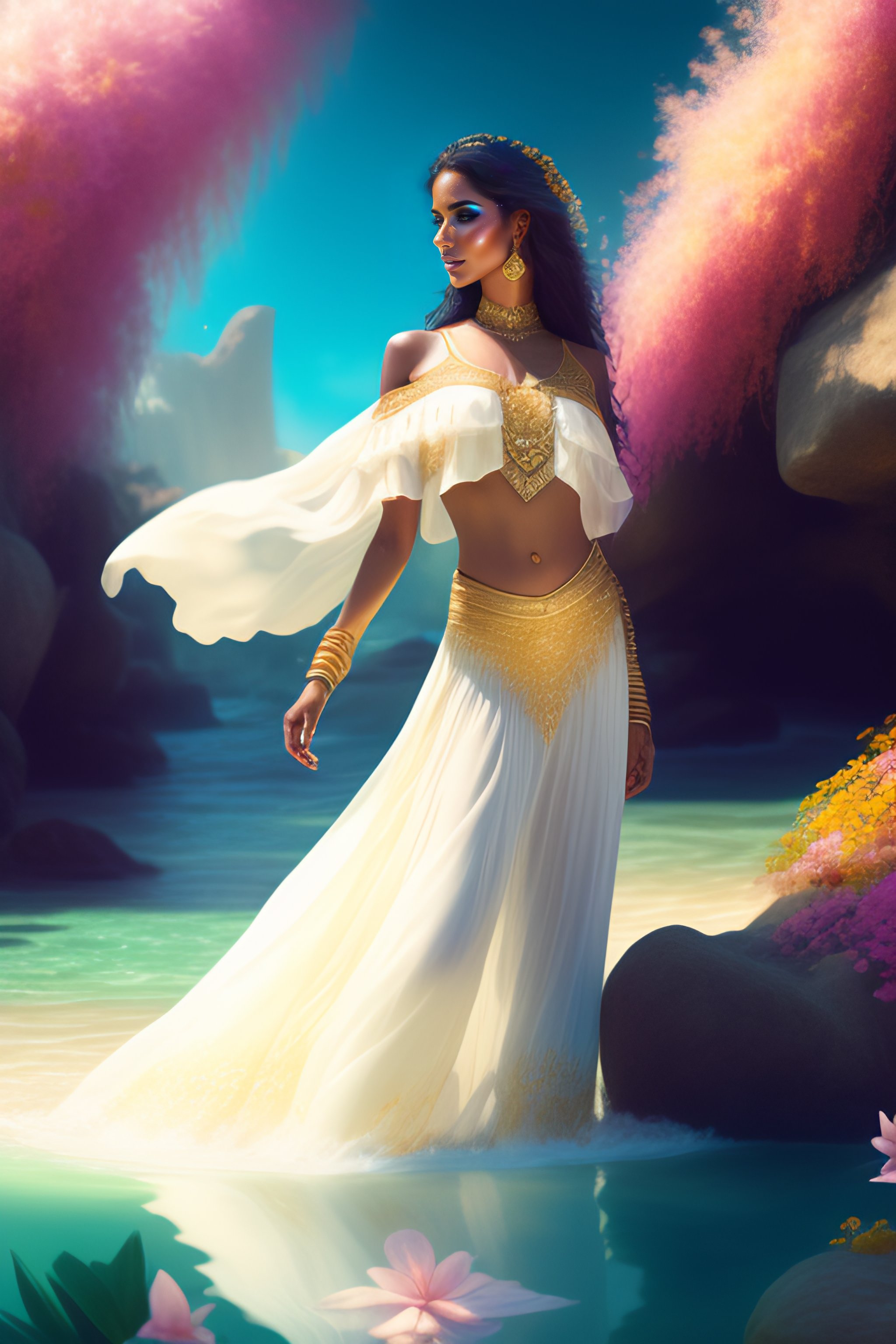 Lexica Beautiful Arabian Princess Wearing White Clothes And Gold Jewels Dancing In Water On