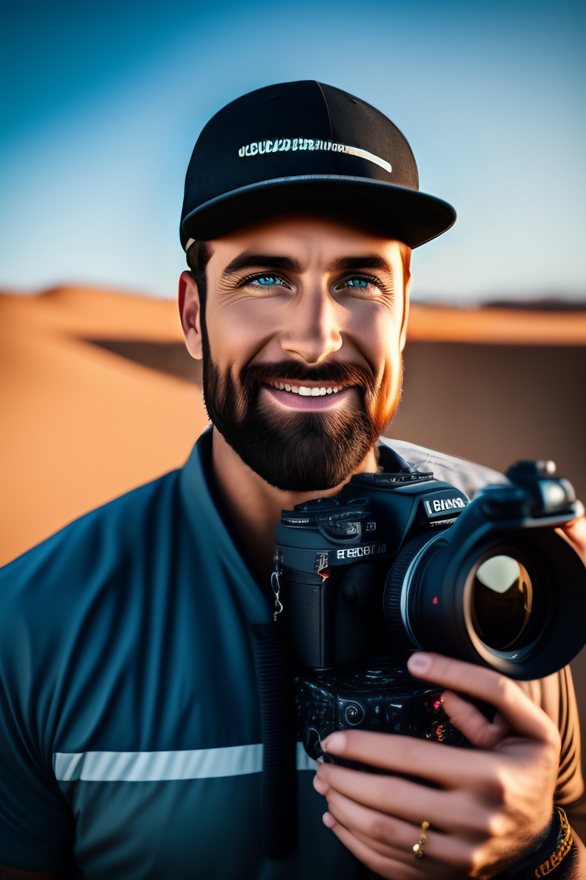 Lexica Give the camera guy a video camera, change the background to a