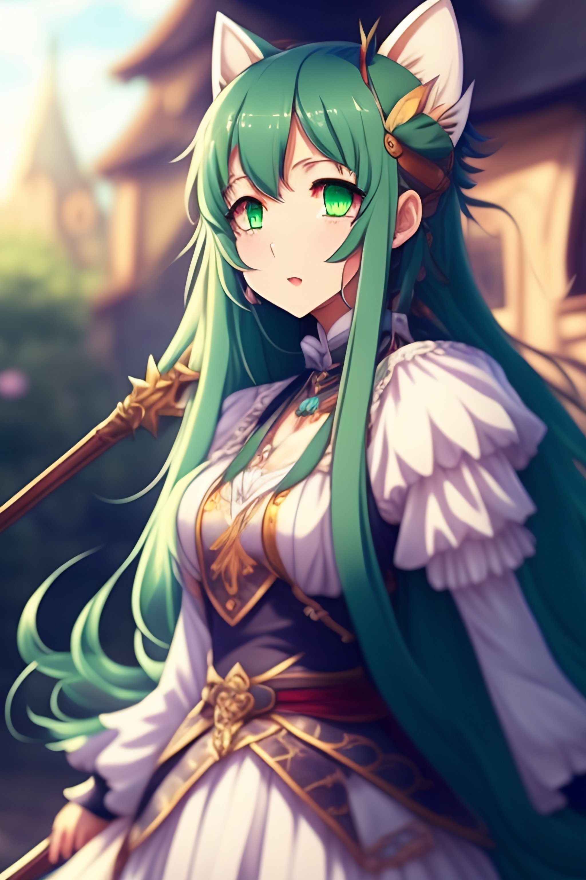Lexica - Cute anime girl, long hair, green eyes, blue hair, house in ...