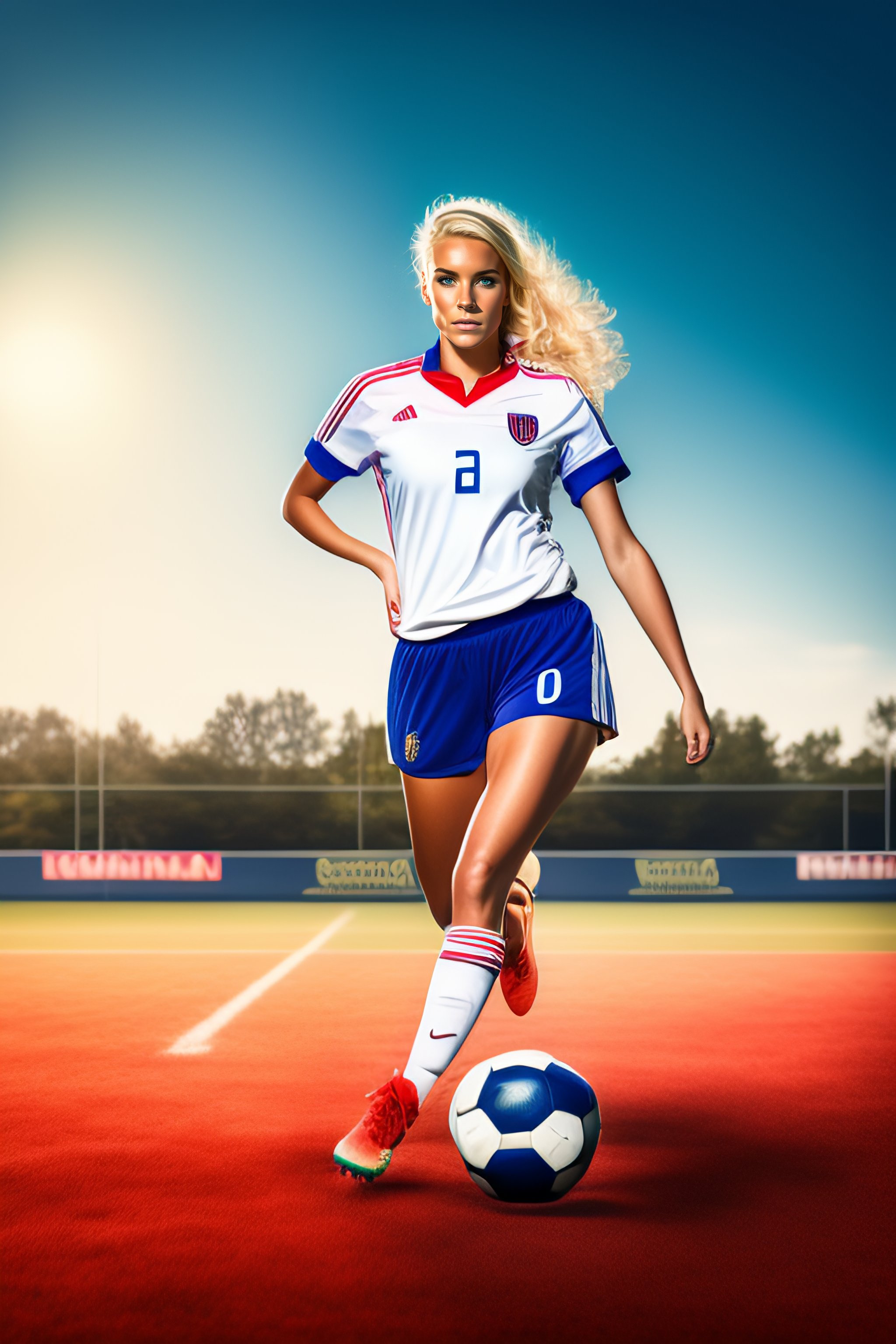 Lexica - Comic book style blonde girl college soccer player on the field  with a soccer ball