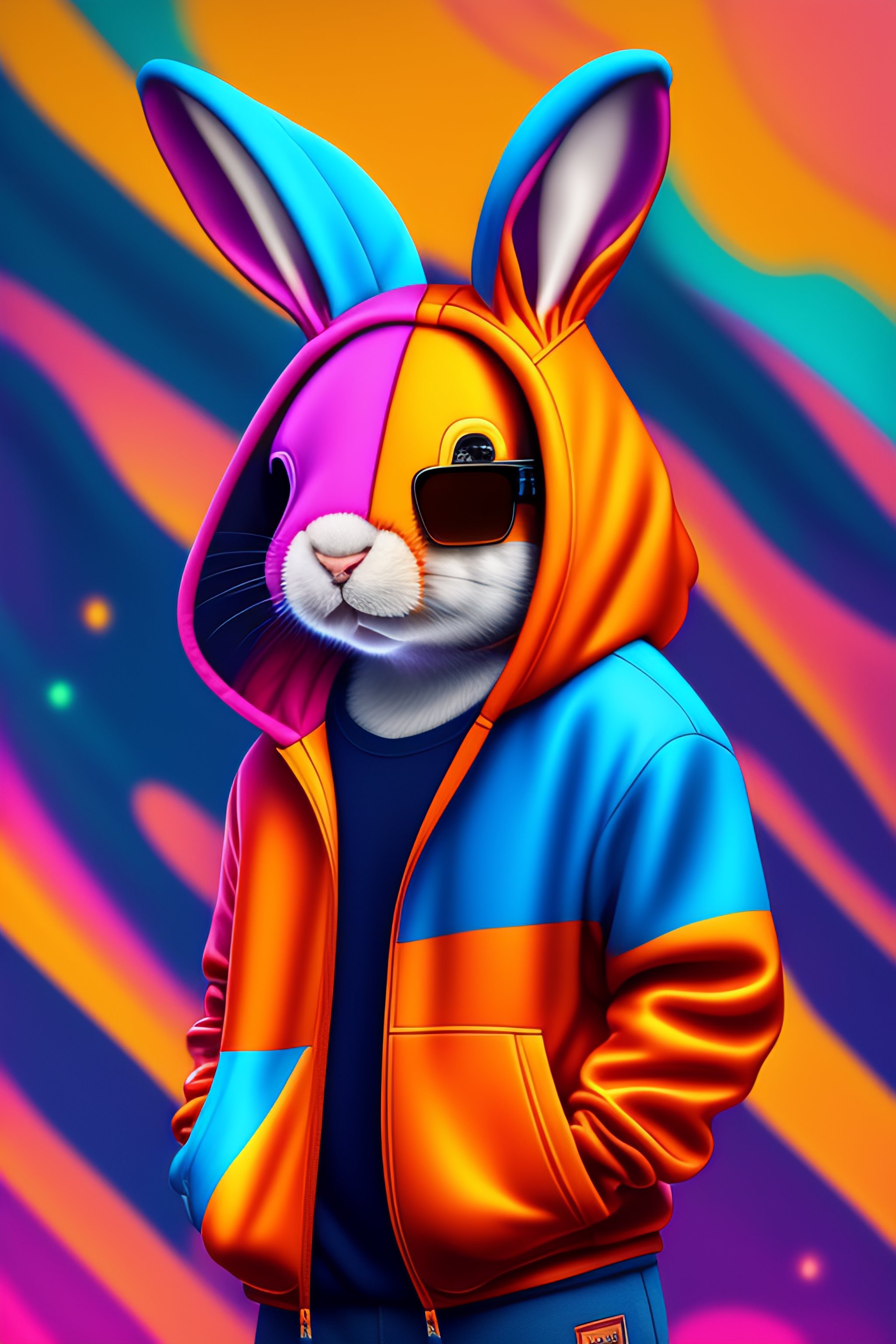 Lexica - A stuffed rabbit wearing a colorful hoodie and sunglasses, hip ...